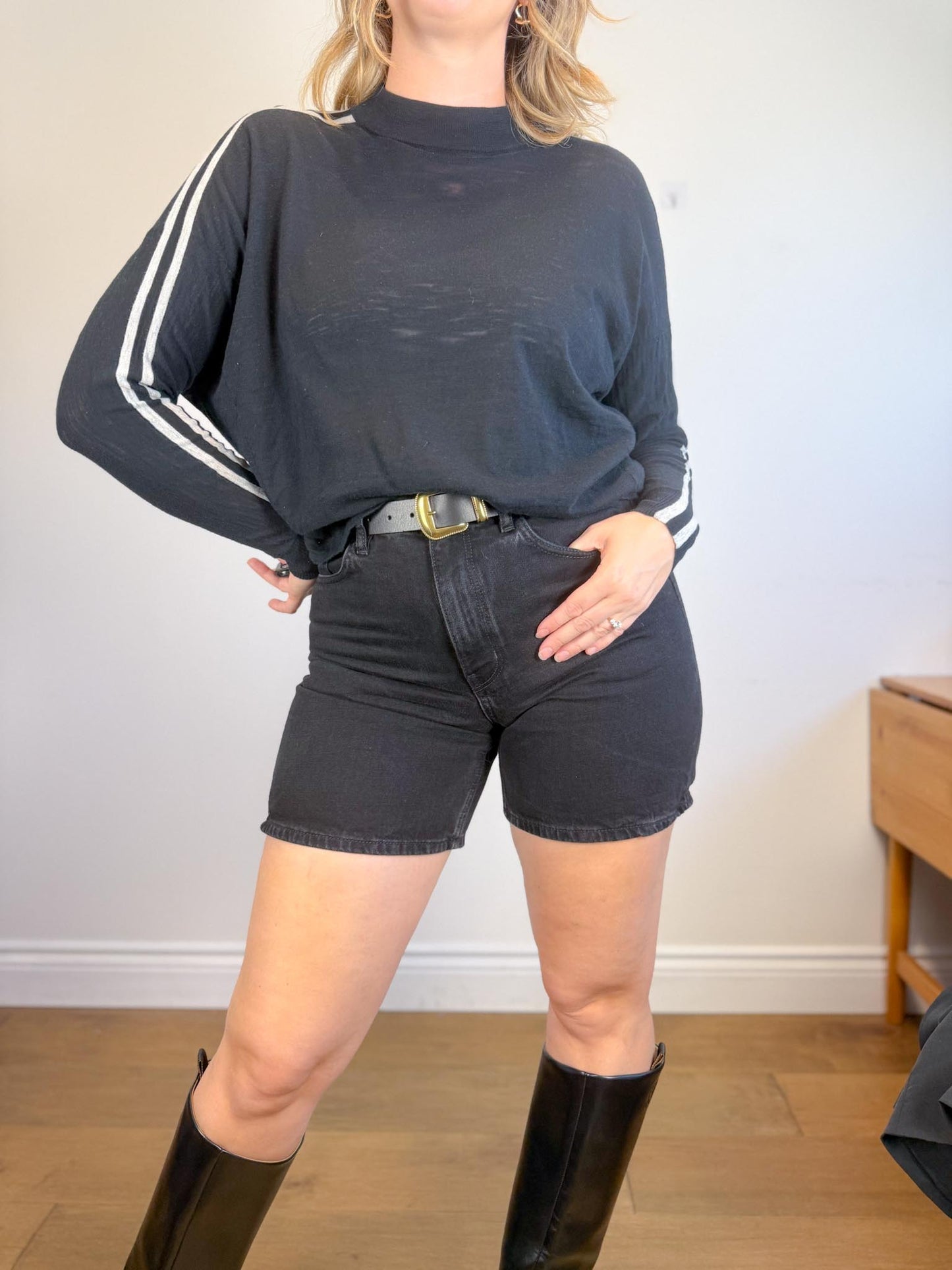 360 Sweater "Essie Sweater in Black with Arm Stripe" (Size XS-M