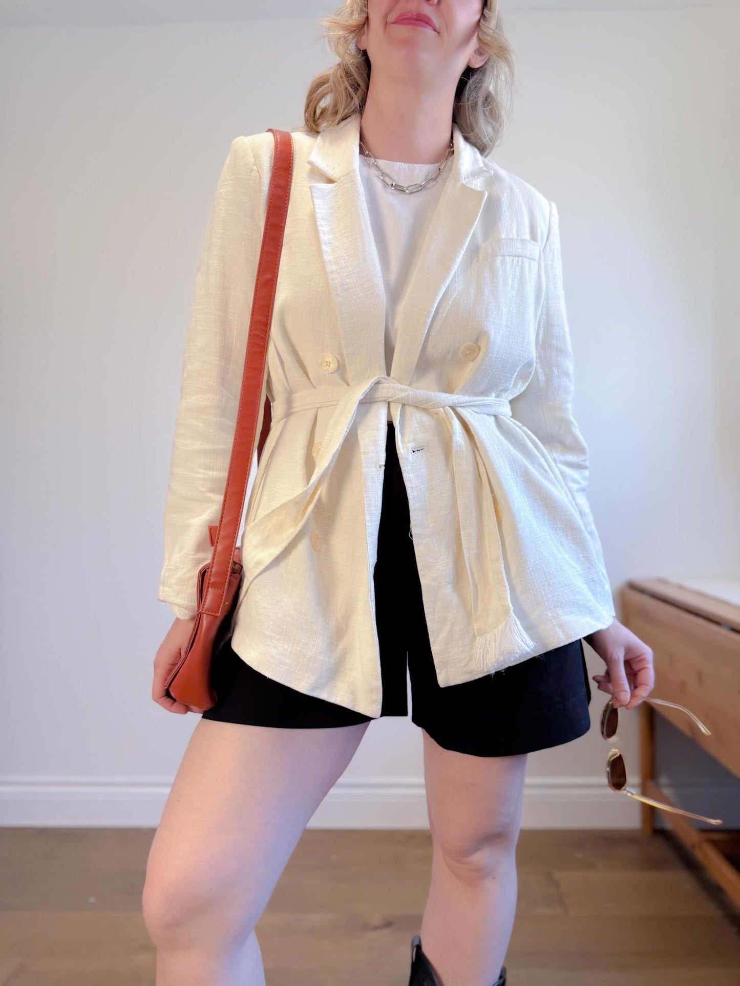 House of Harlow Cream Linen-Blend Blazer with Belt (Size L)
