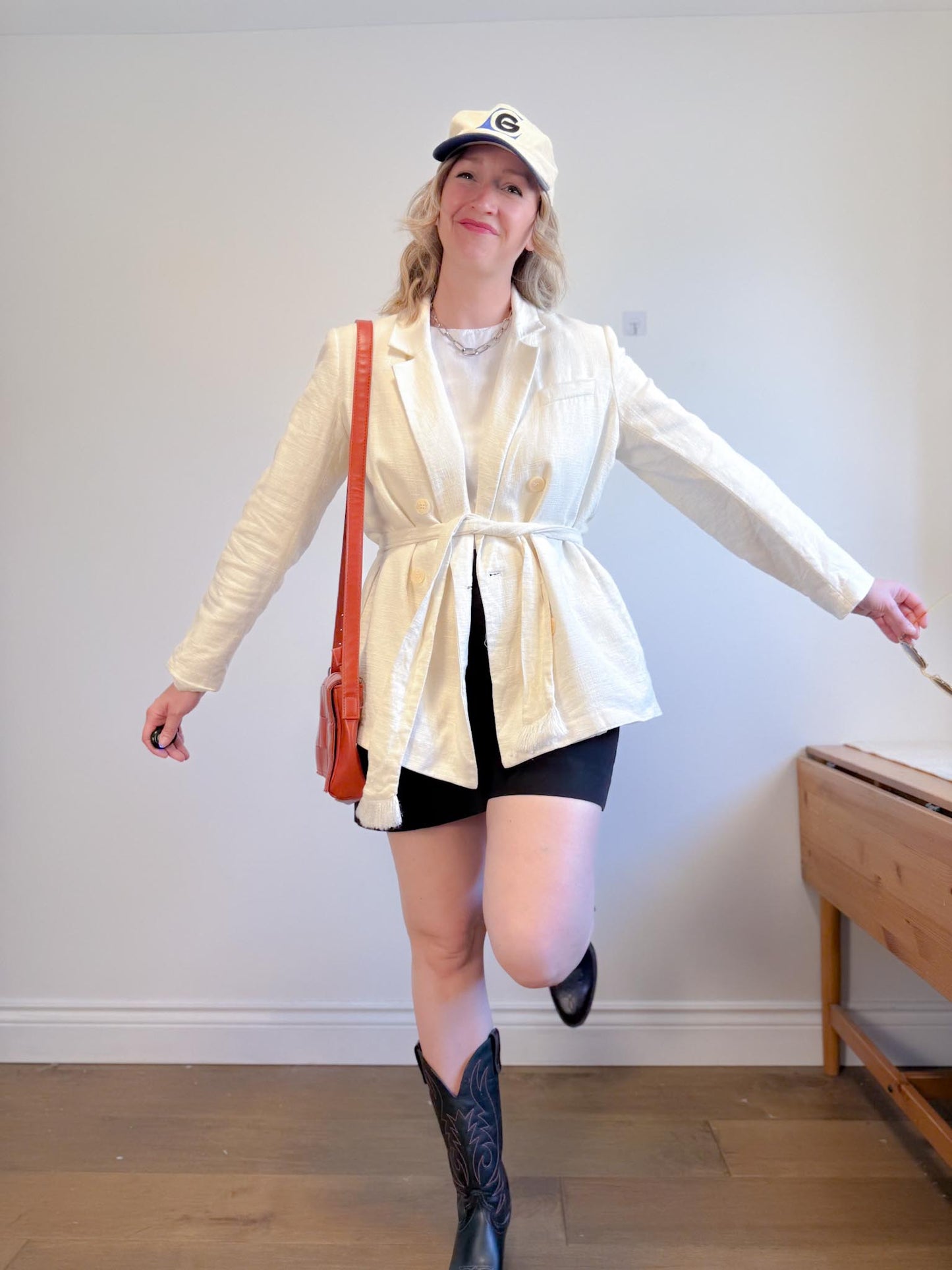 House of Harlow Cream Linen-Blend Blazer with Belt (Size L)