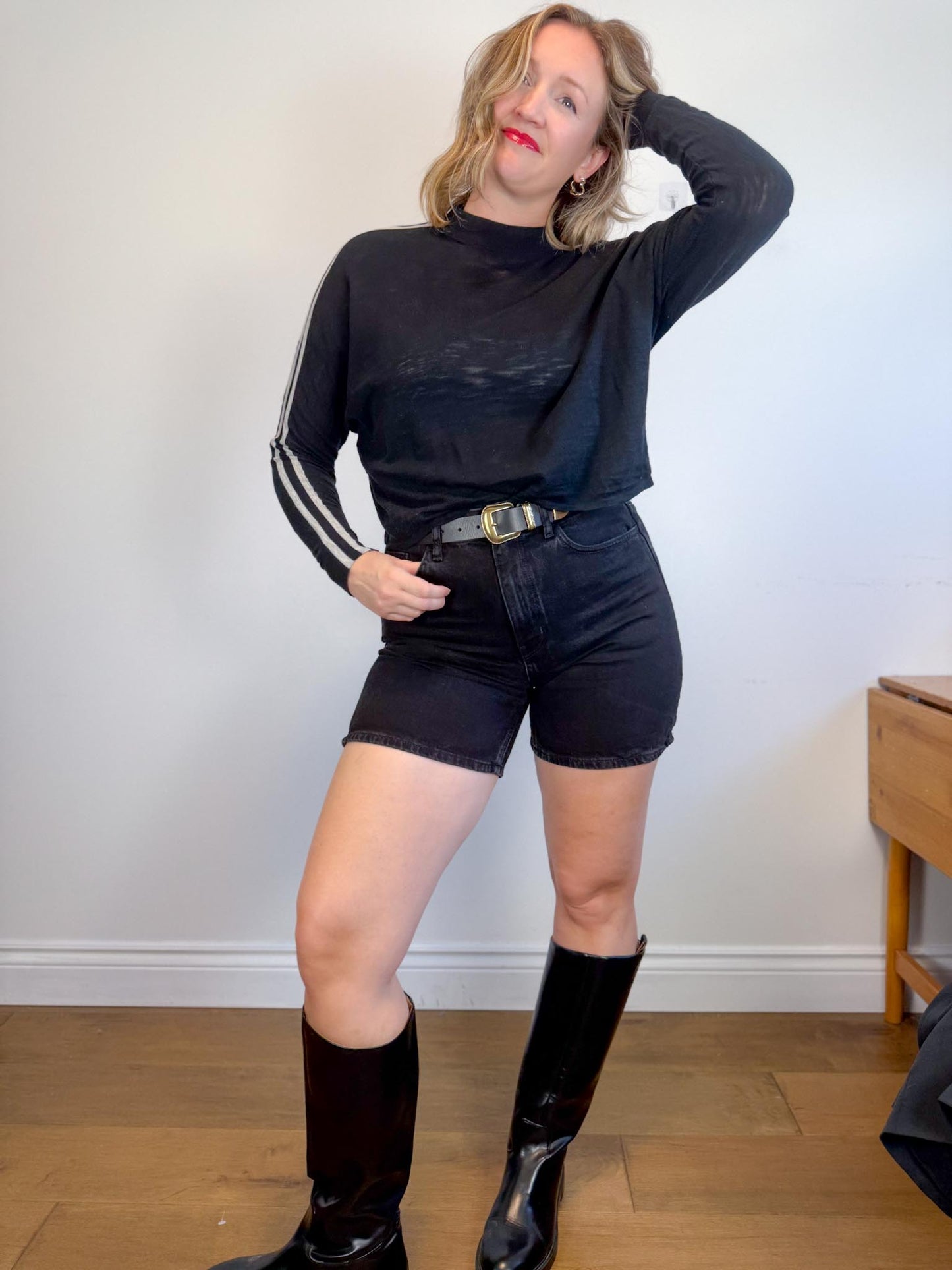 360 Sweater "Essie Sweater in Black with Arm Stripe" (Size XS-M