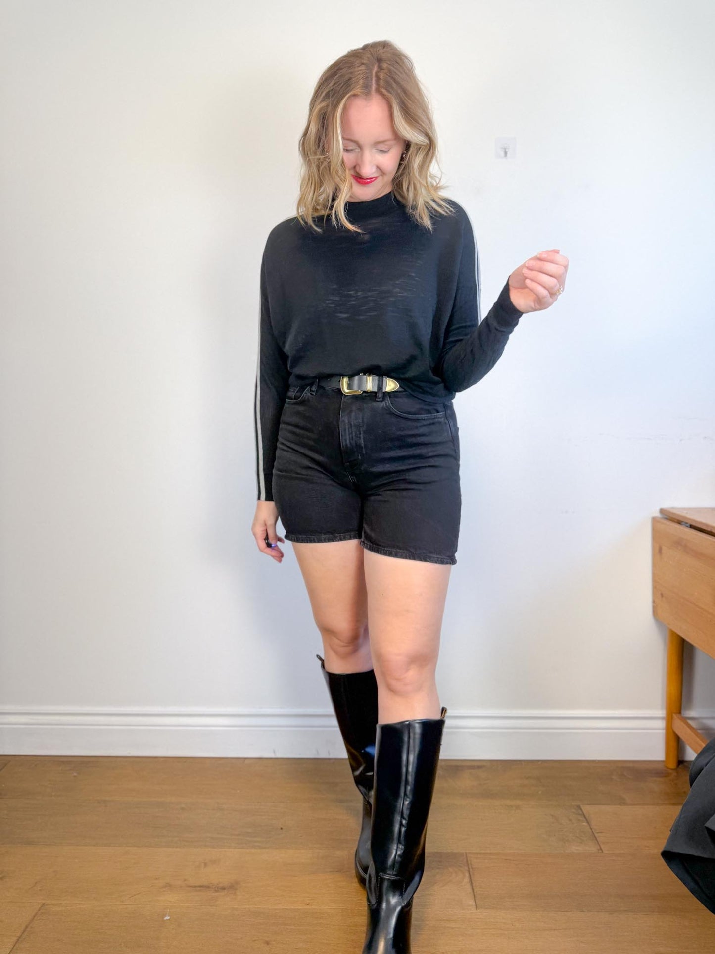 360 Sweater "Essie Sweater in Black with Arm Stripe" (Size XS-M