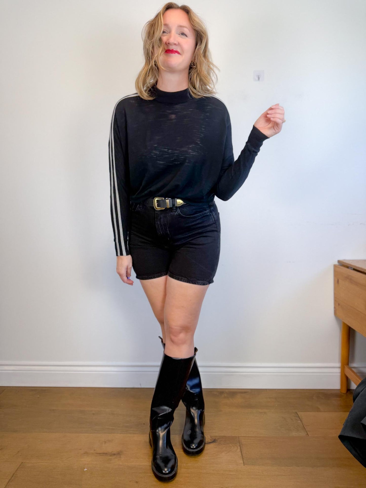 360 Sweater "Essie Sweater in Black with Arm Stripe" (Size XS-M
