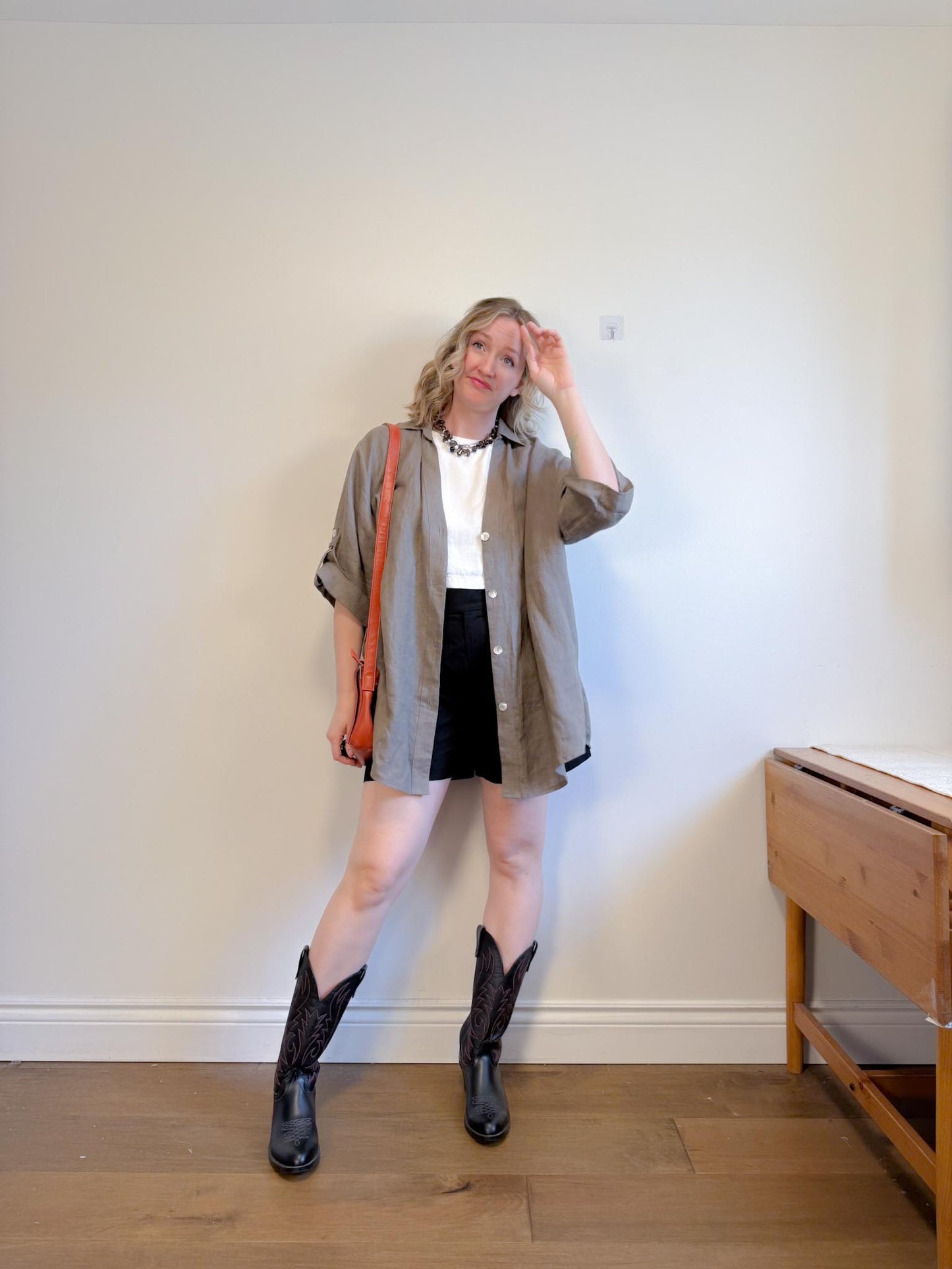 Vintage Oversized Linen Blouse in Grey Brown (Size XL)