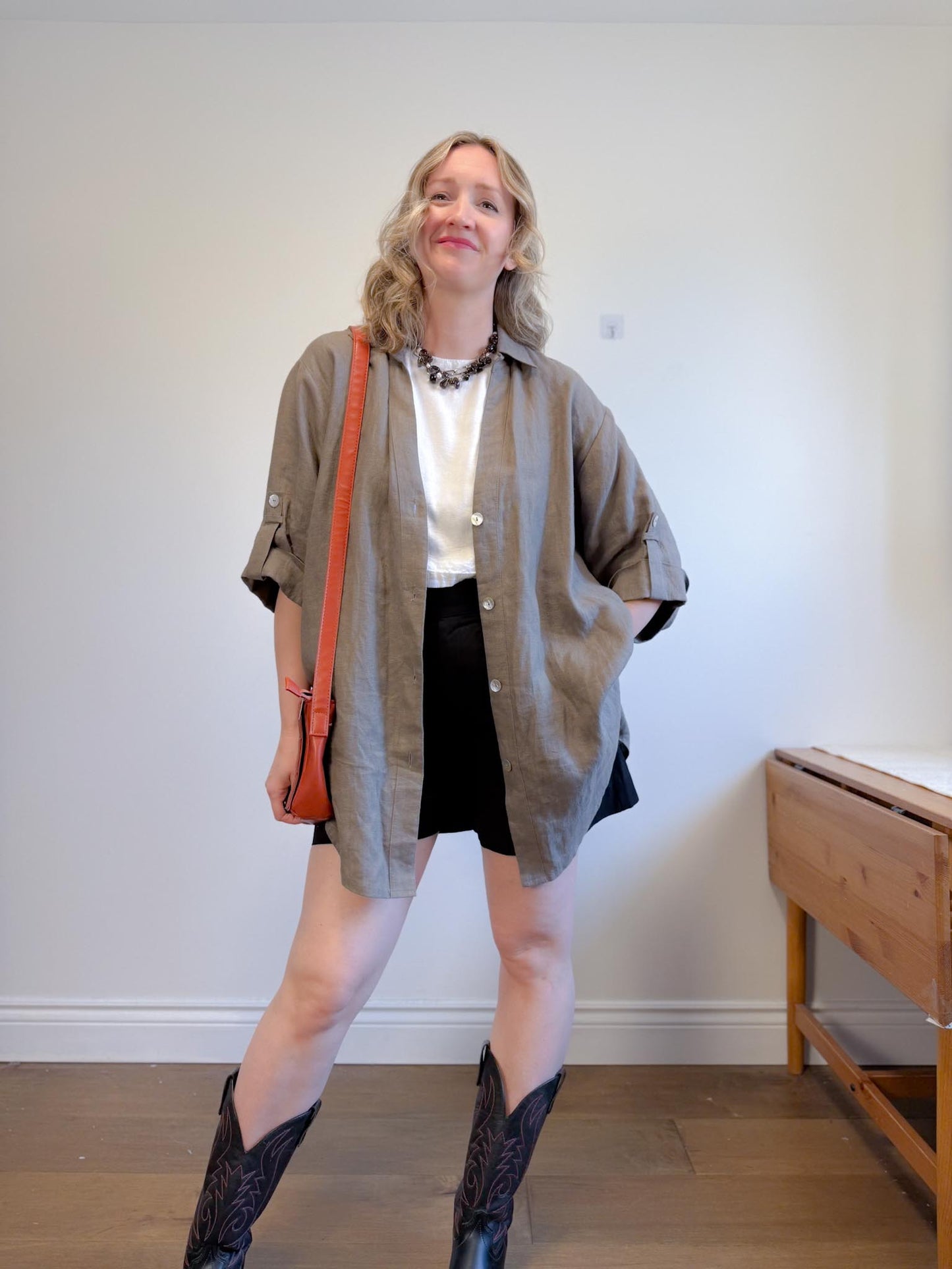 Vintage Oversized Linen Blouse in Grey Brown (Size XL)