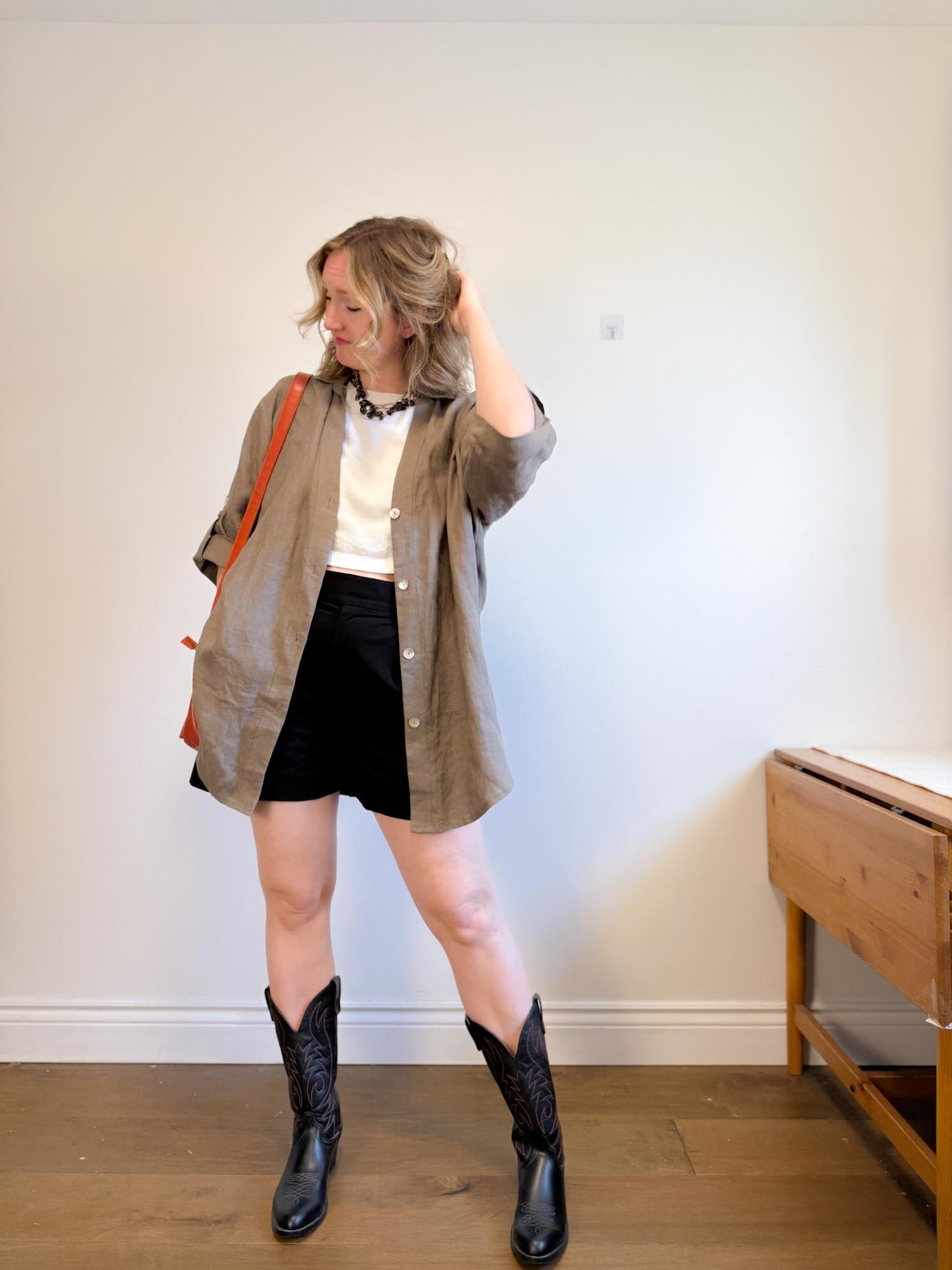 Vintage Oversized Linen Blouse in Grey Brown (Size XL)