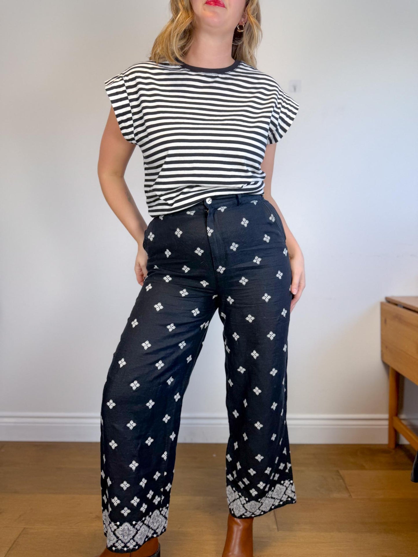 Rachel Zoe Embroidered Wide Leg Linen Pants in Black (Size 12)