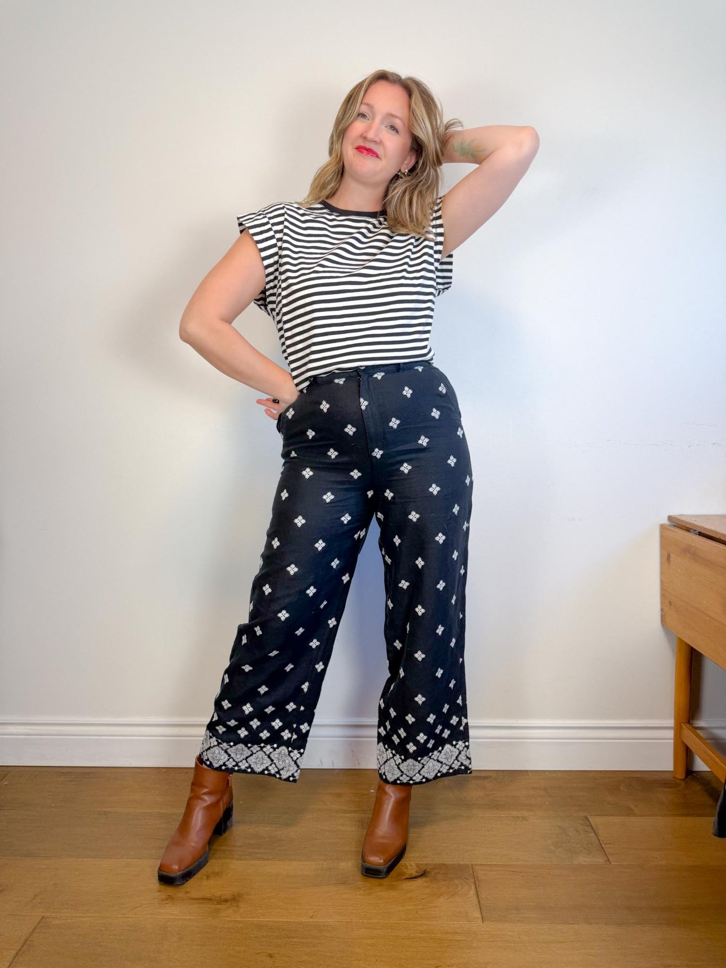 Rachel Zoe Embroidered Wide Leg Linen Pants in Black (Size 12)