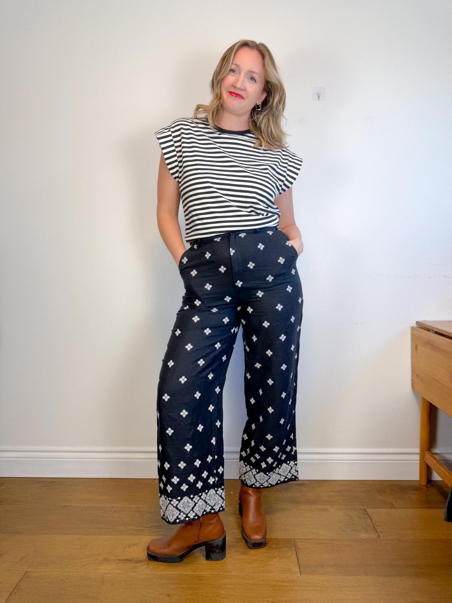 Rachel Zoe Embroidered Wide Leg Linen Pants in Black (Size 12)