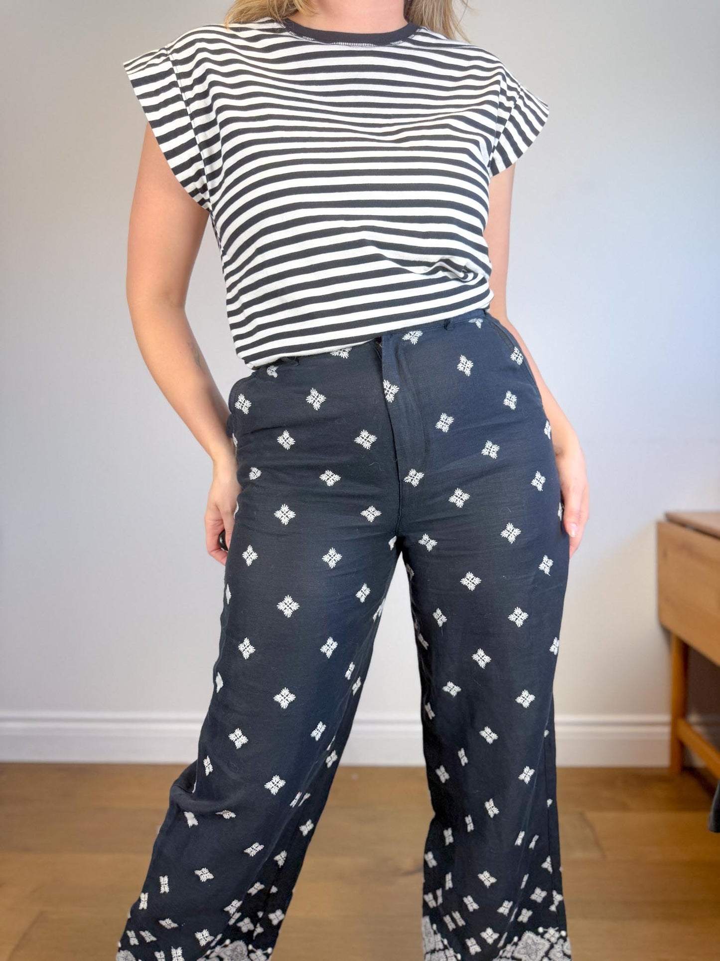 Rachel Zoe Embroidered Wide Leg Linen Pants in Black (Size 12)