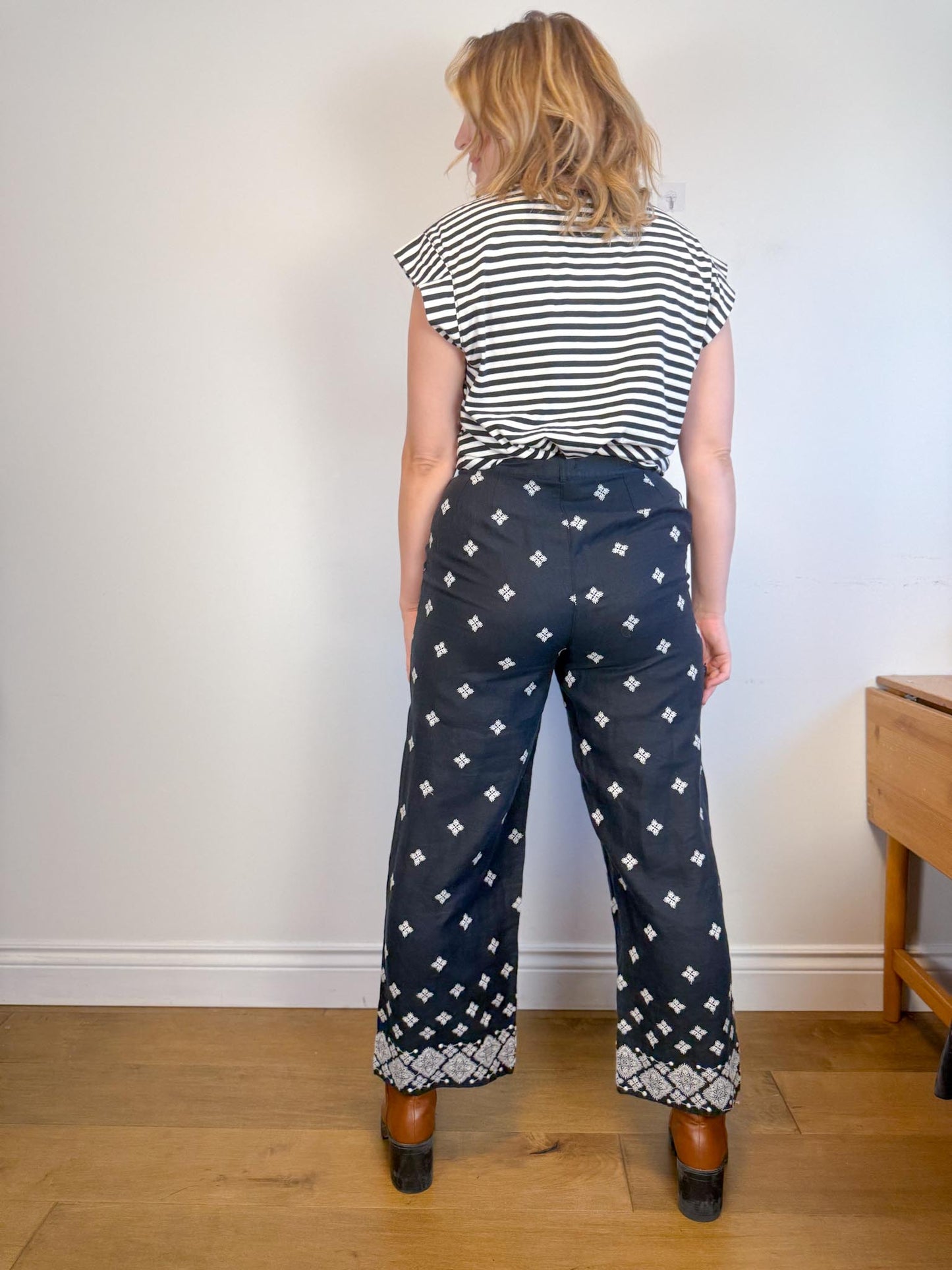 Rachel Zoe Embroidered Wide Leg Linen Pants in Black (Size 12)