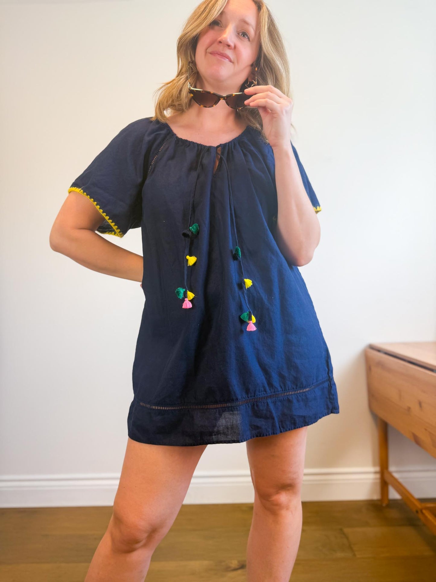 J.Crew "Embroidered Linen Blend Cover Up Tunic Dress in Navy"