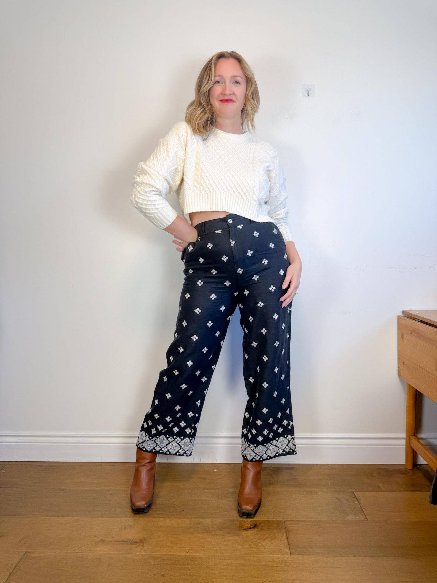 Rachel Zoe Embroidered Wide Leg Linen Pants in Black (Size 12)