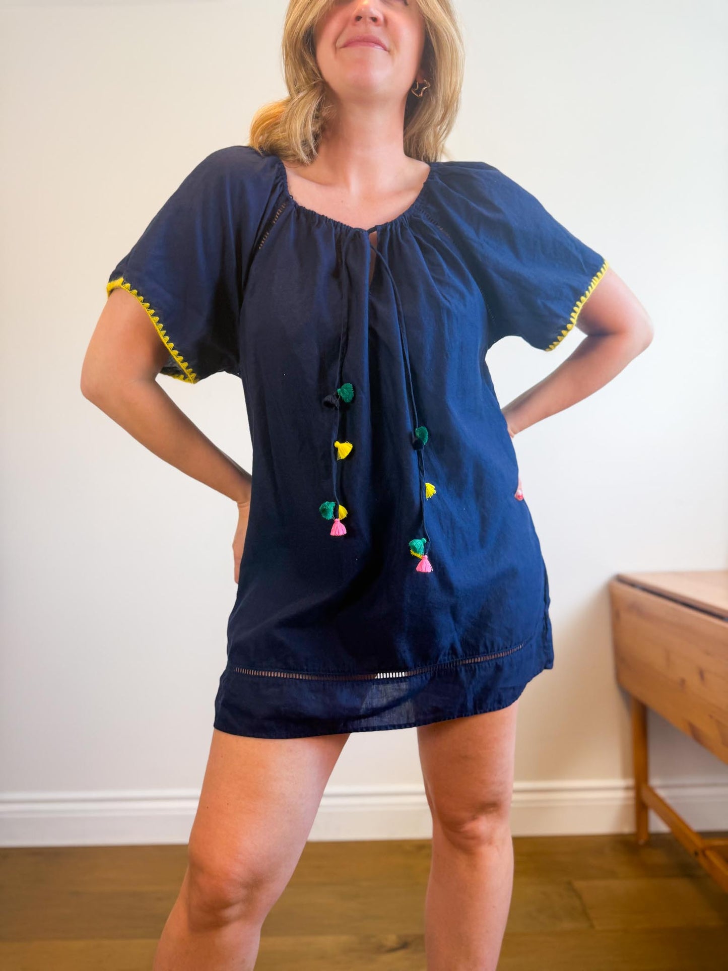 J.Crew "Embroidered Linen Blend Cover Up Tunic Dress in Navy"