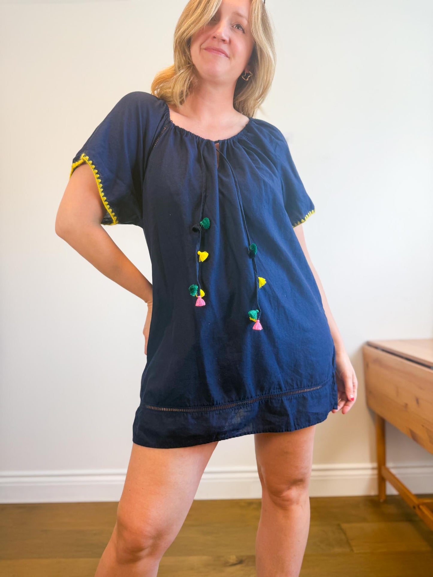J.Crew "Embroidered Linen Blend Cover Up Tunic Dress in Navy"
