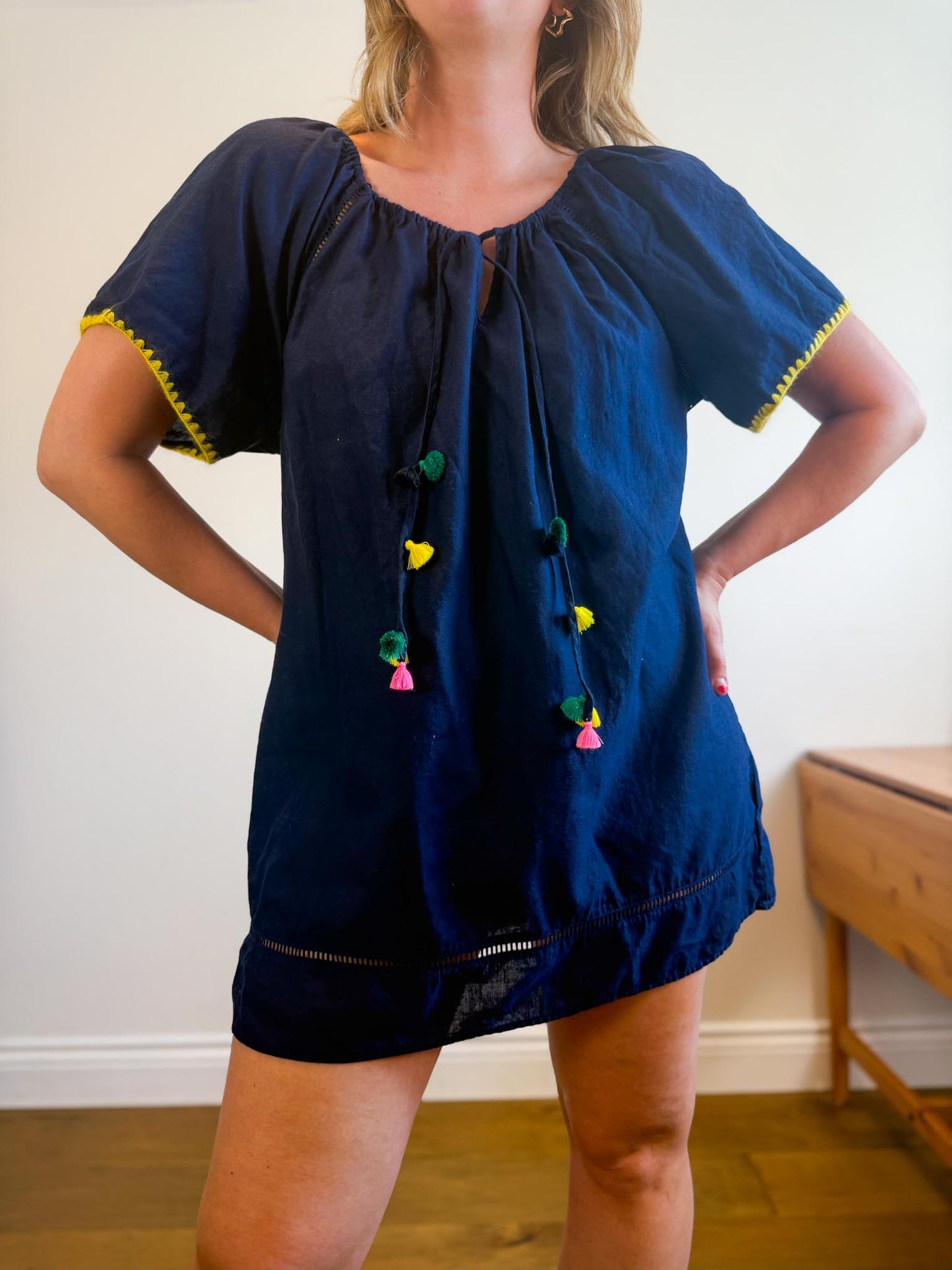 J.Crew "Embroidered Linen Blend Cover Up Tunic Dress in Navy"