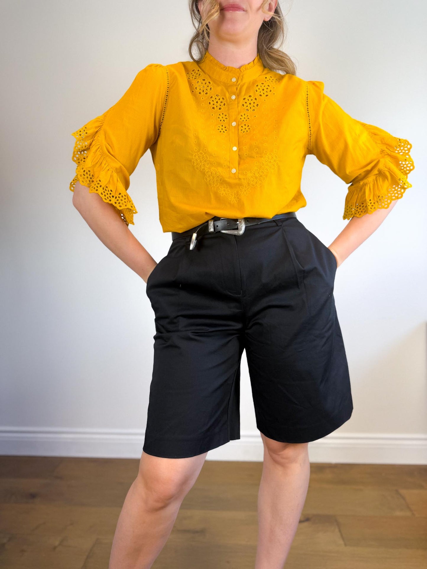 J.Crew Ruffled Eyelet Blouse in Mustard (Size M/L)
