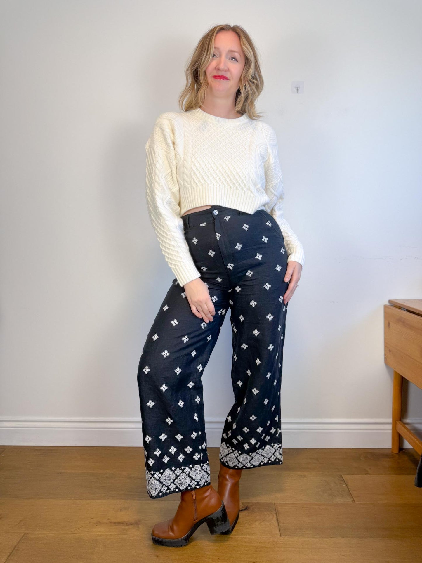 Rachel Zoe Embroidered Wide Leg Linen Pants in Black (Size 12)