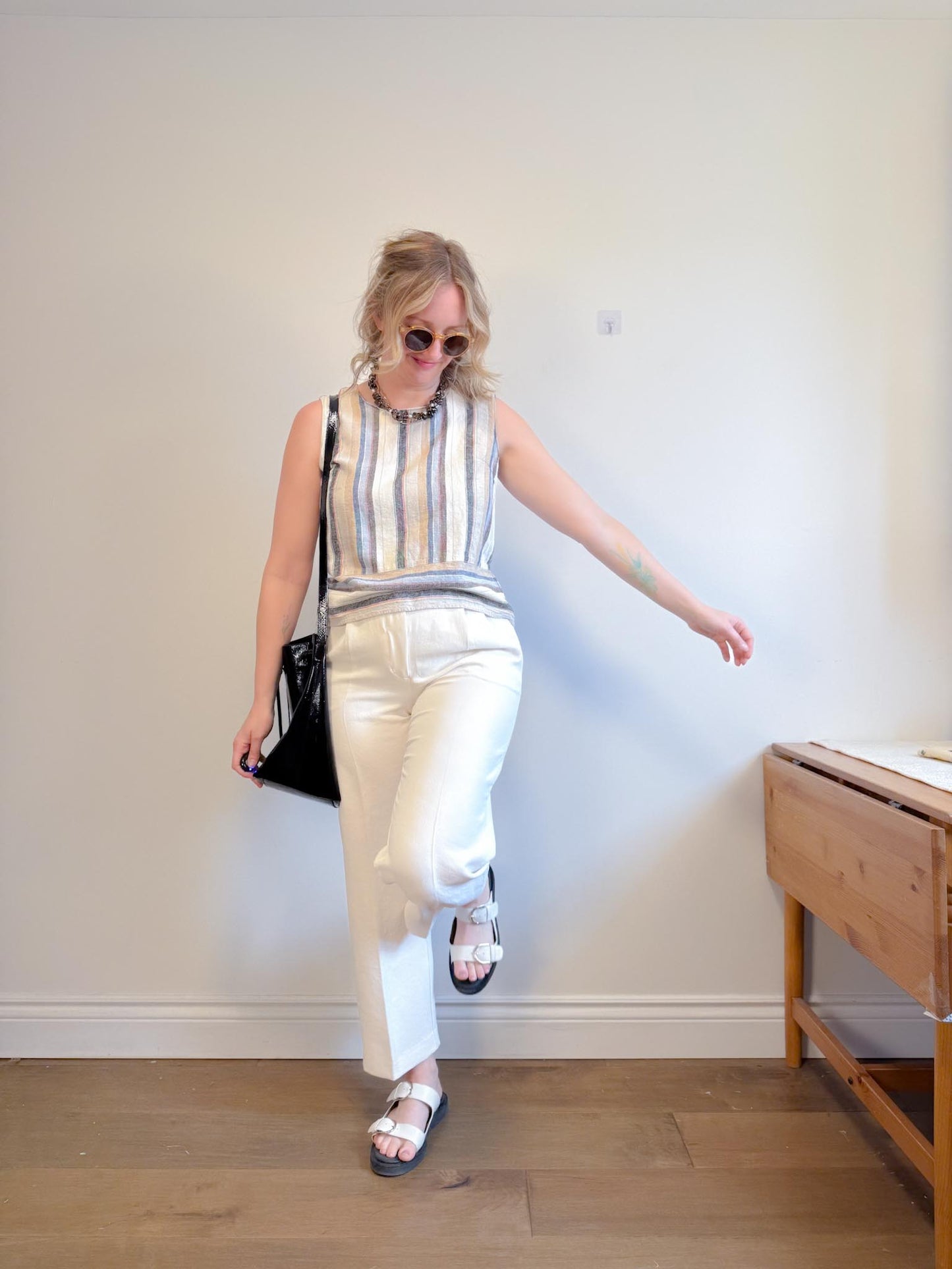 Striped Linen Sleeveless Top (Size L)
