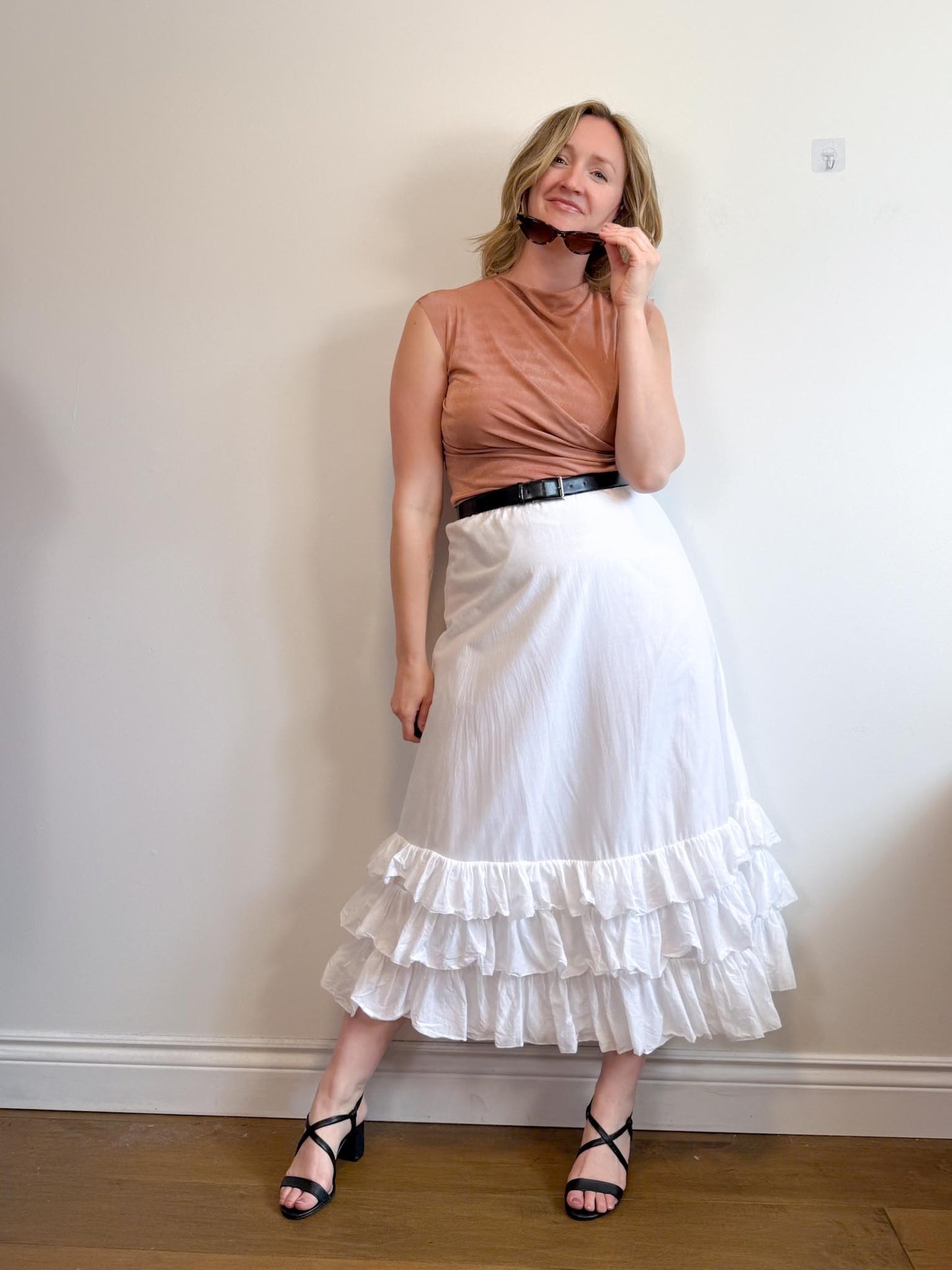 Ralph Lauren White Midi Skirt with Tiered Ruffle (Size M/L)
