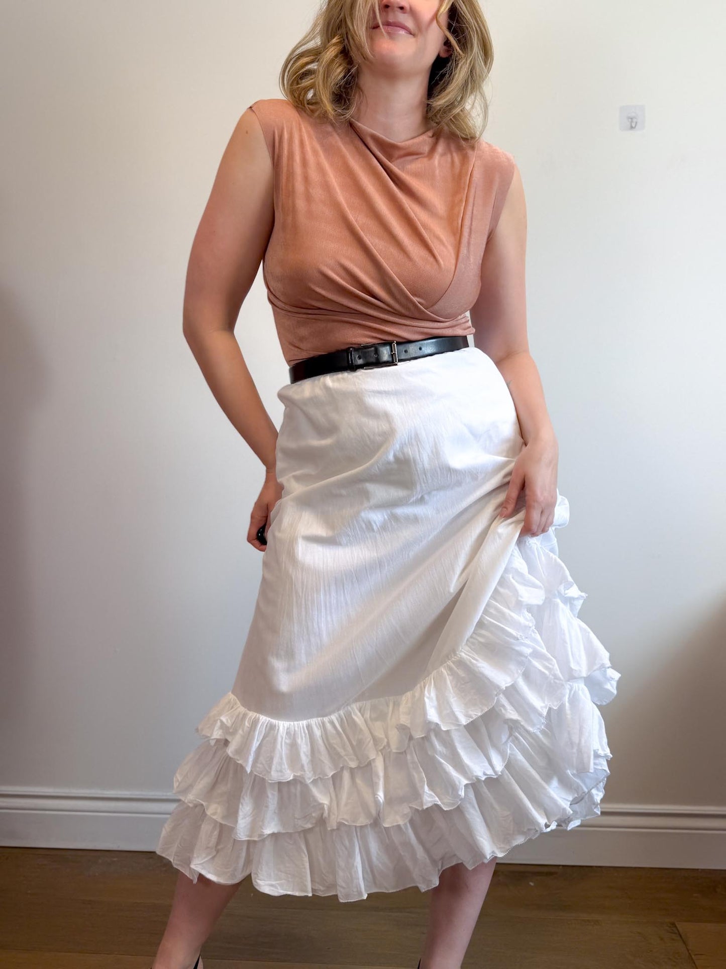 Ralph Lauren White Midi Skirt with Tiered Ruffle (Size M/L)