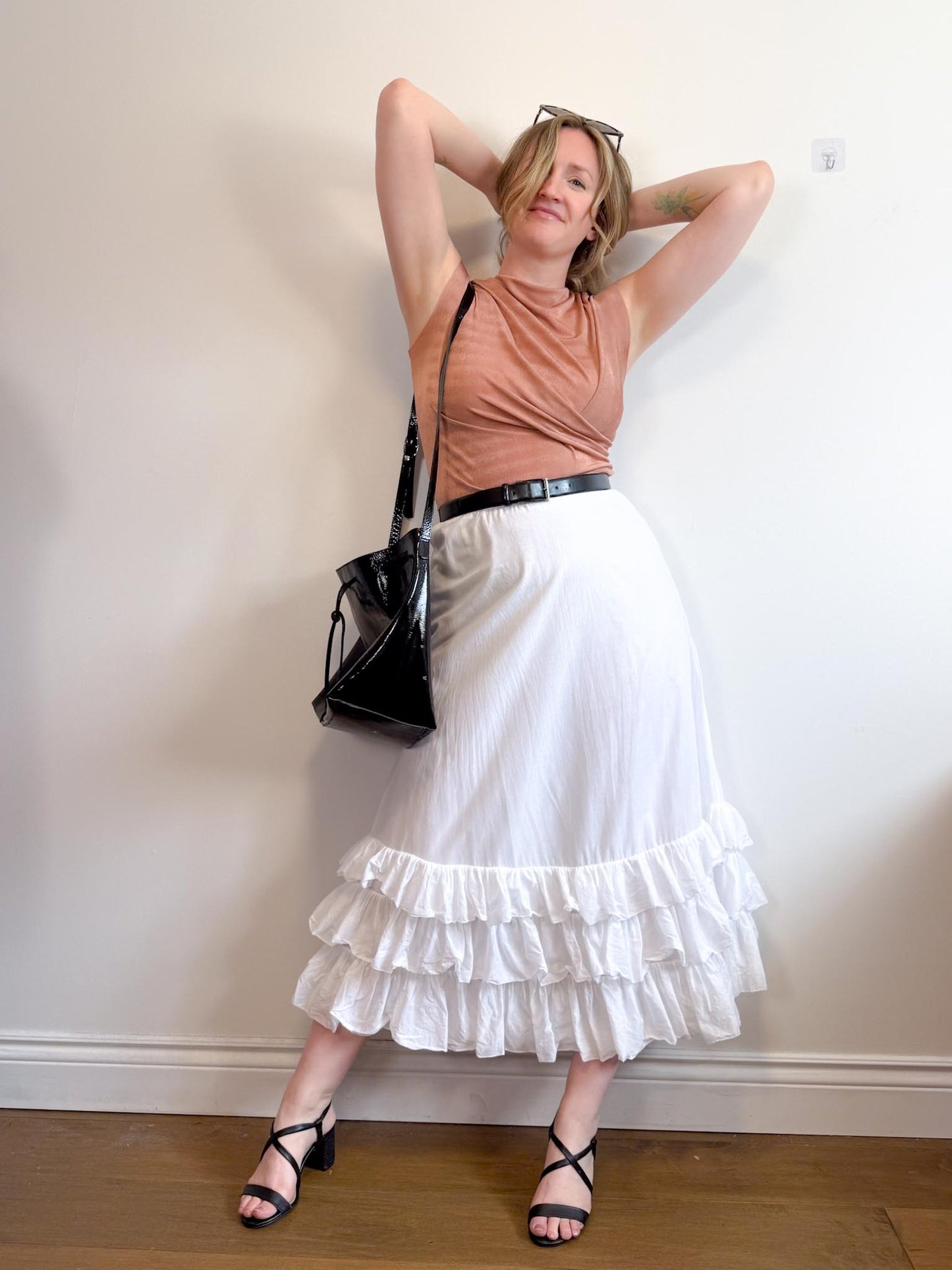 Ralph Lauren White Midi Skirt with Tiered Ruffle (Size M/L)