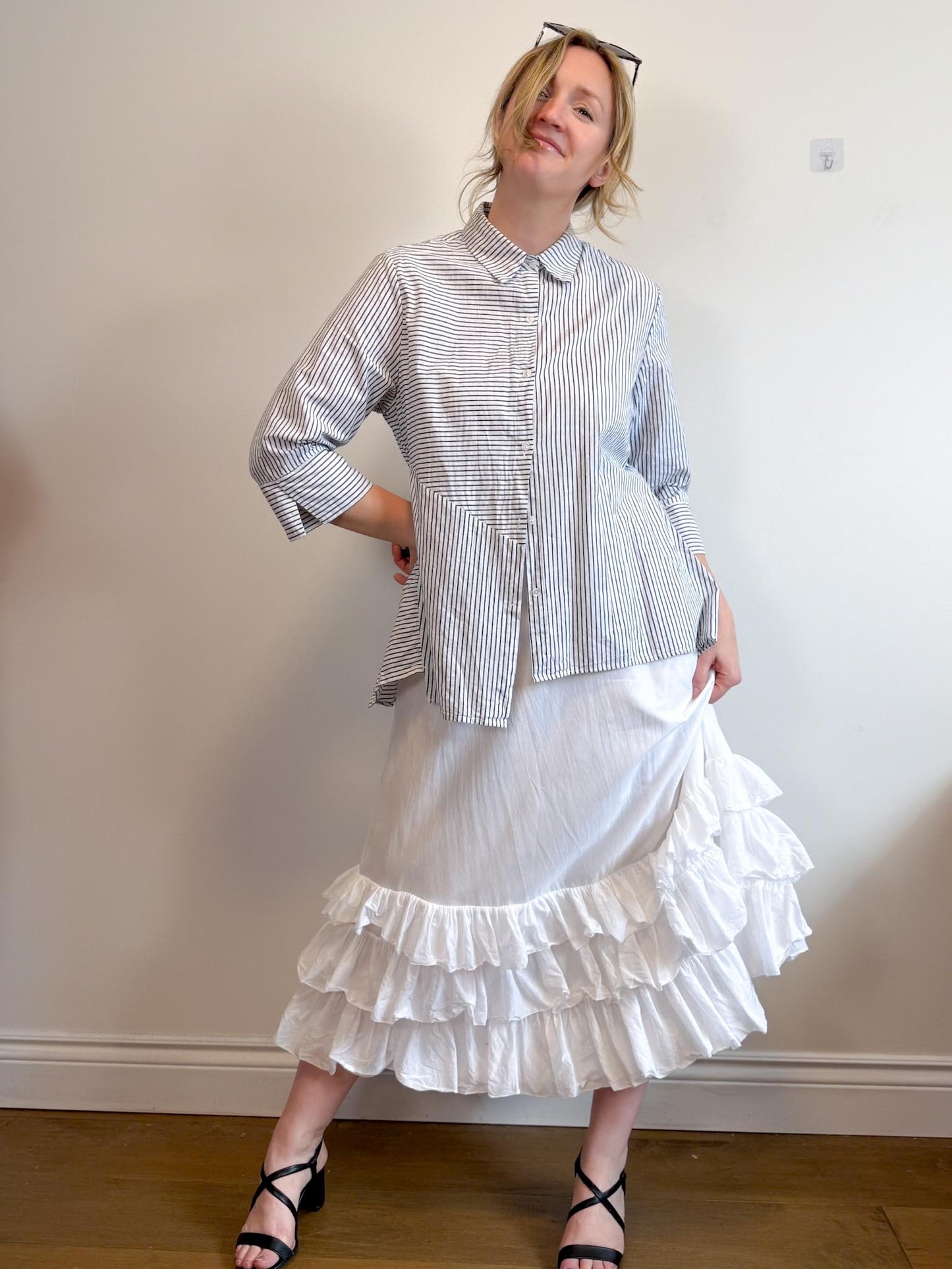 Ralph Lauren White Midi Skirt with Tiered Ruffle (Size M/L)