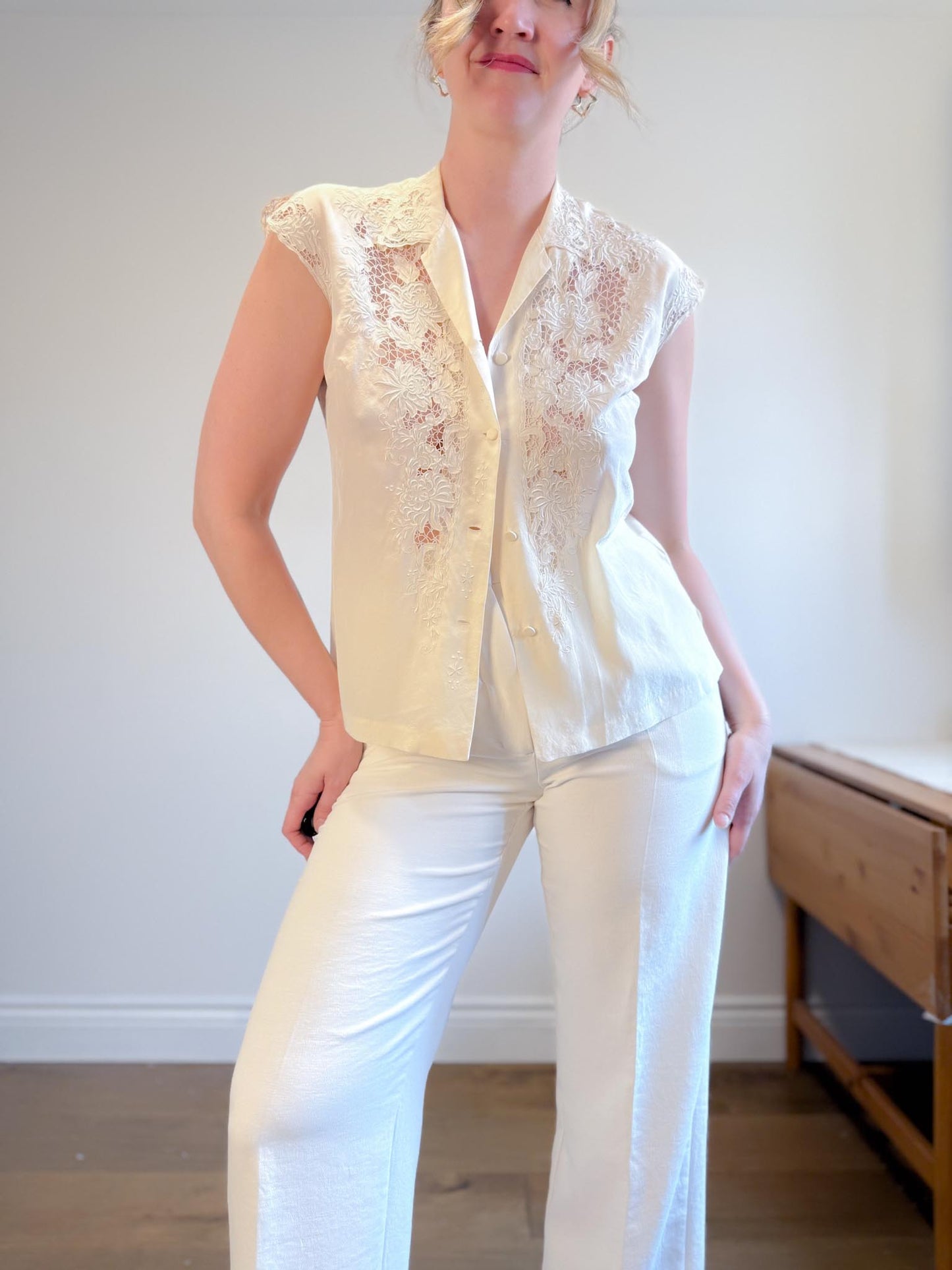 Vintage 70s Silk Lace Blouse (Size M/L)