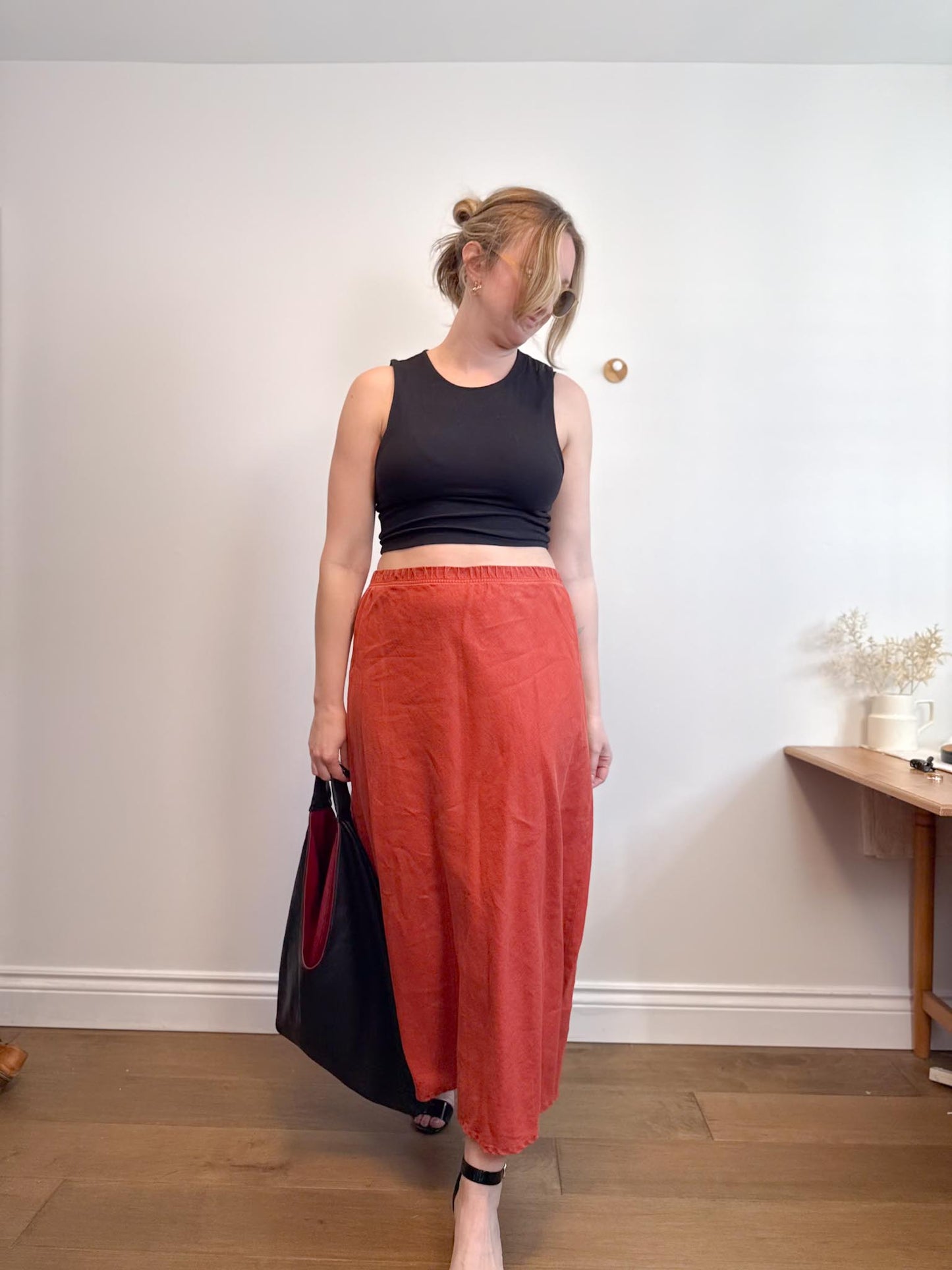 Two Star Dog Linen Midi Skirt in Terracotta (Size L)