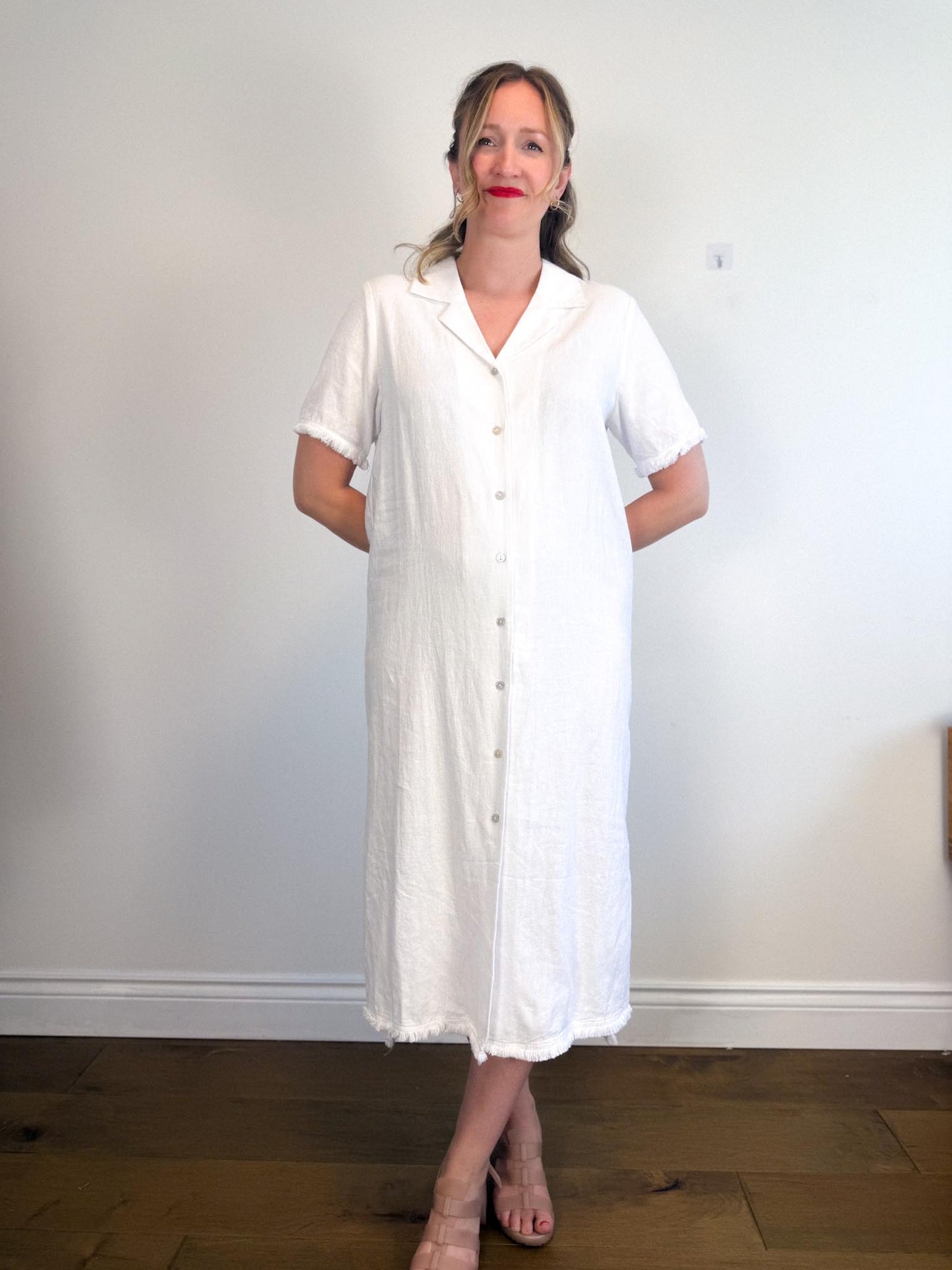Halston Linen Shirt Dress in White with Distressed Hem (Size L/XL)