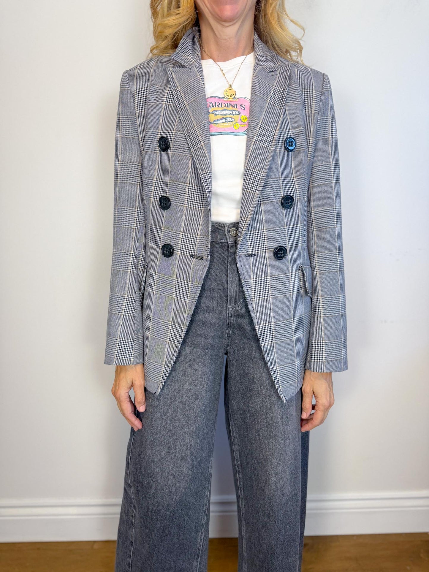 Dorothee Schumacher Double Breasted Blazer in Grey Plaid (Size S)