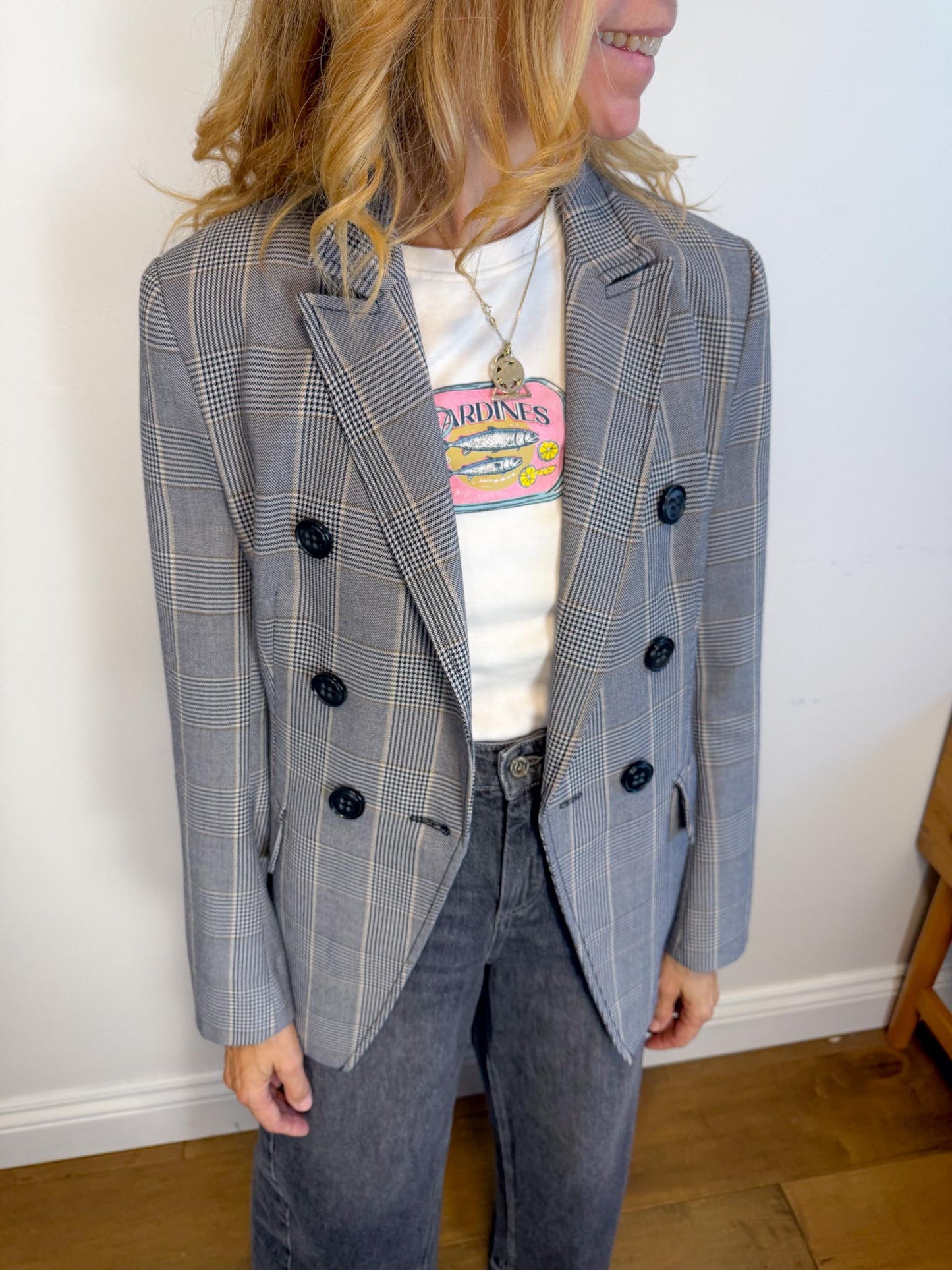 Dorothee Schumacher Double Breasted Blazer in Grey Plaid (Size S)