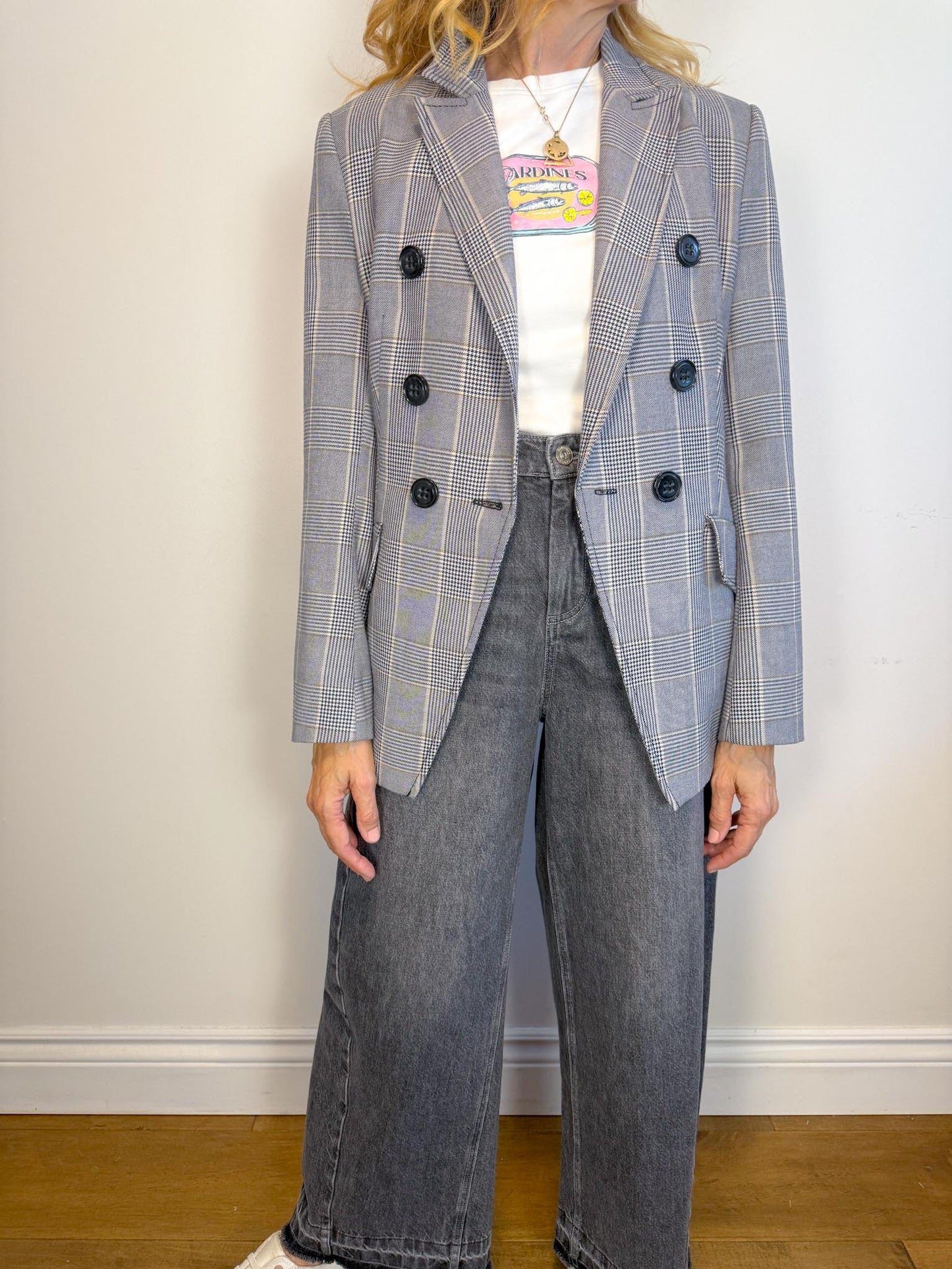 Dorothee Schumacher Double Breasted Blazer in Grey Plaid (Size S)