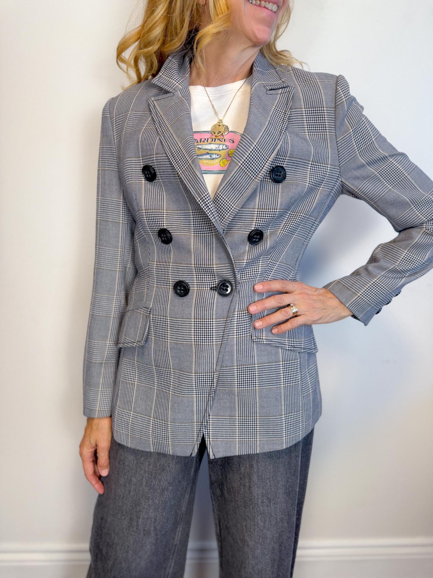 Dorothee Schumacher Double Breasted Blazer in Grey Plaid (Size S)