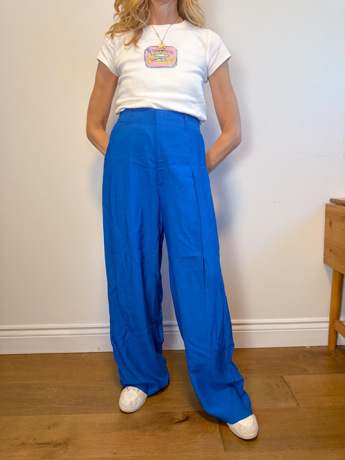 SYMTHE Designer Pleated Wide Leg Trousers in Aegean Blue (Size S/M)