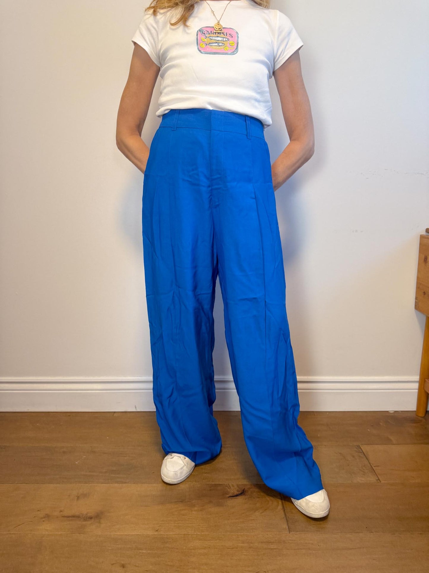 SYMTHE Designer Pleated Wide Leg Trousers in Aegean Blue (Size S/M)