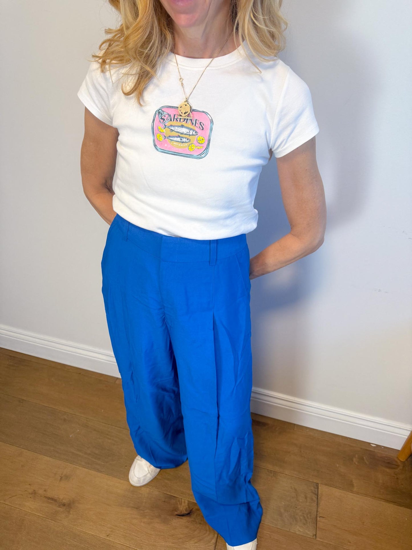 SYMTHE Designer Pleated Wide Leg Trousers in Aegean Blue (Size S/M)