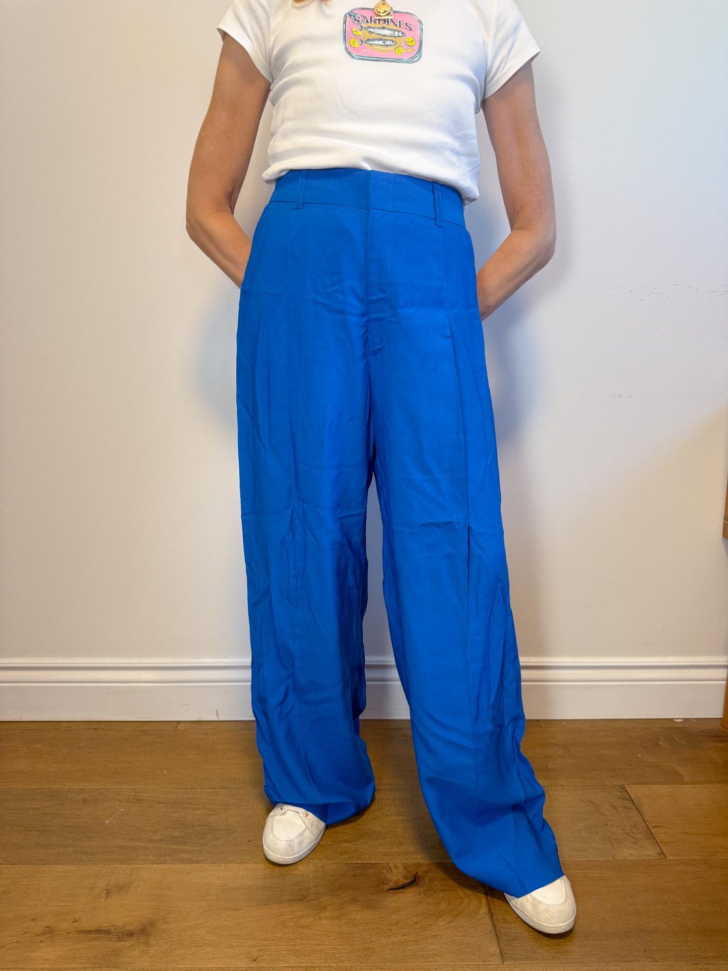 SYMTHE Designer Pleated Wide Leg Trousers in Aegean Blue (Size S/M)
