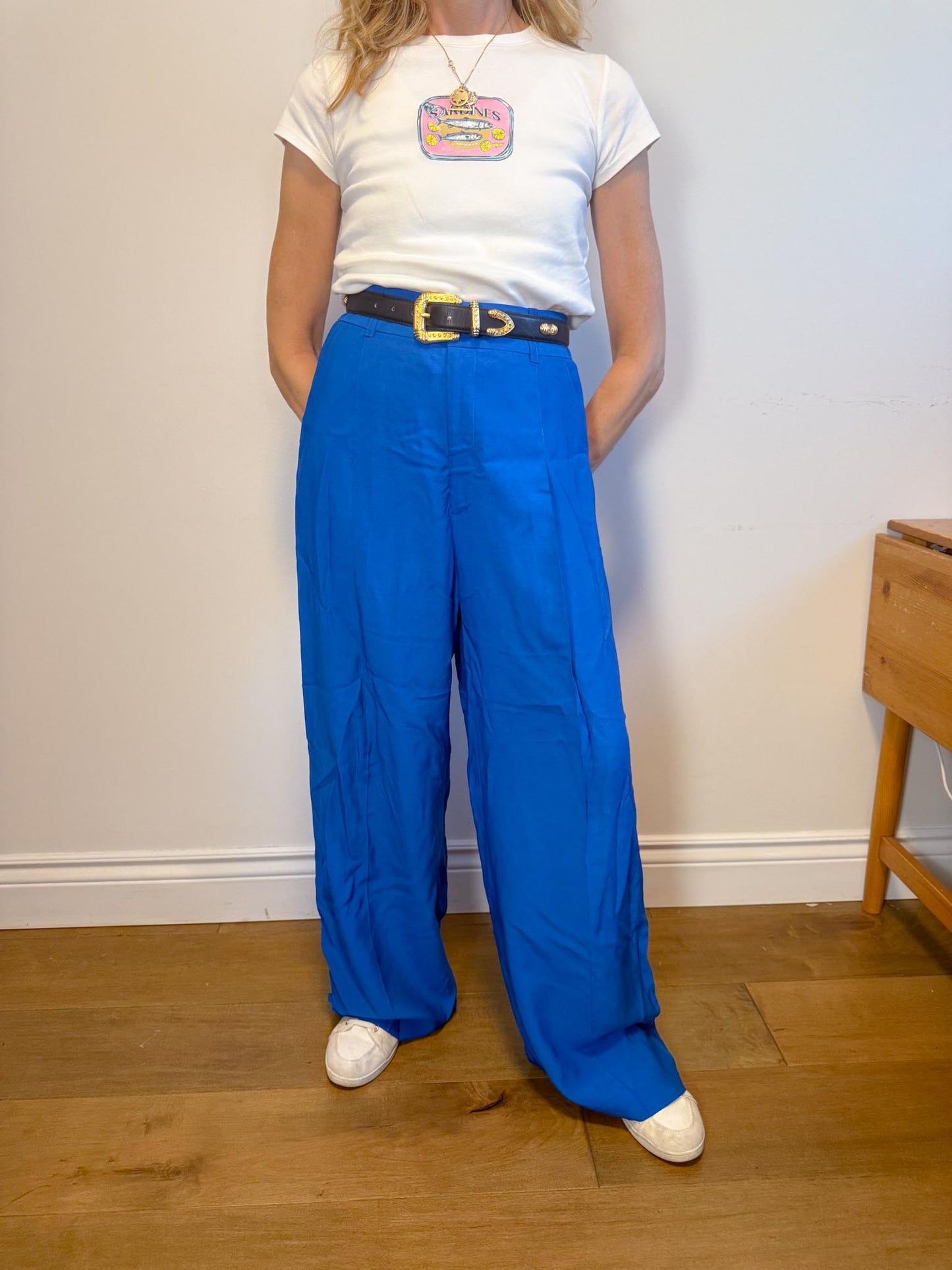 SYMTHE Designer Pleated Wide Leg Trousers in Aegean Blue (Size S/M)