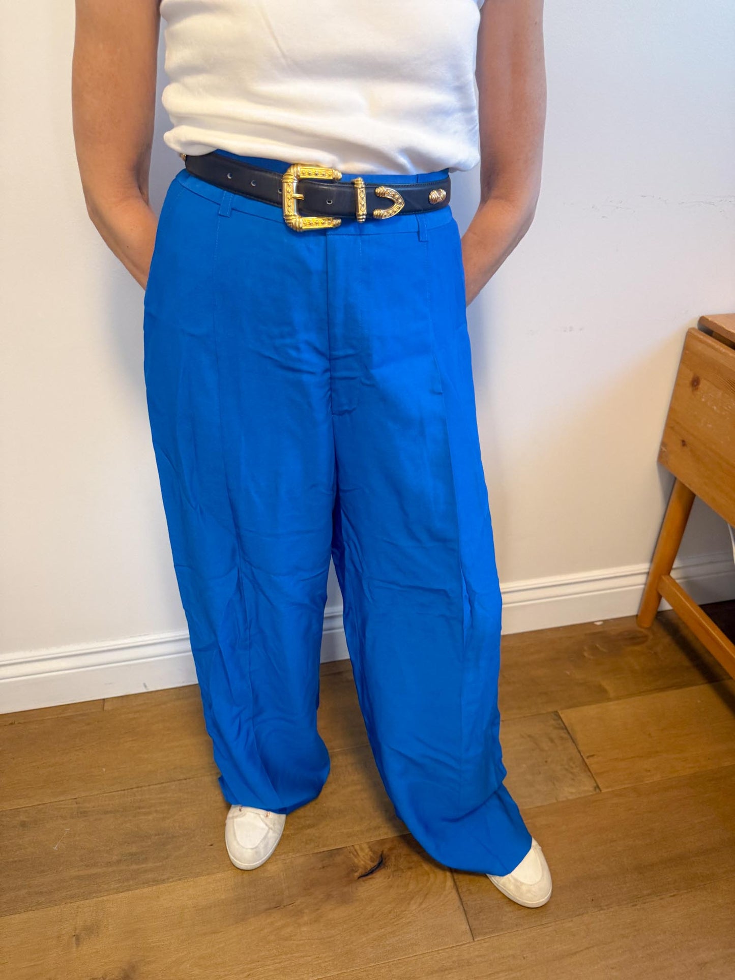 SYMTHE Designer Pleated Wide Leg Trousers in Aegean Blue (Size S/M)