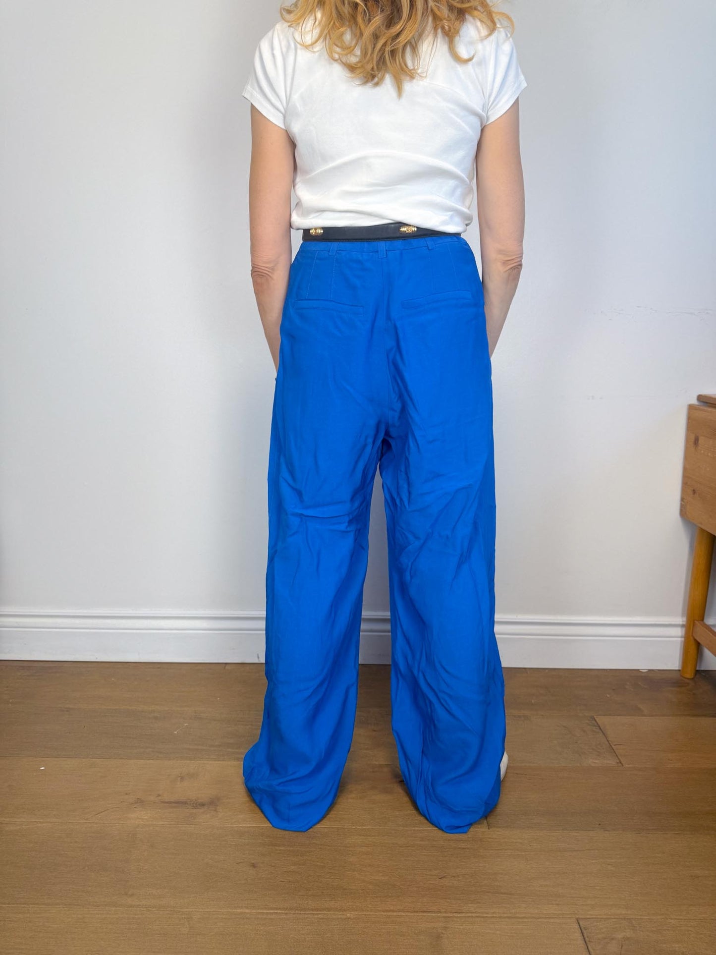 SYMTHE Designer Pleated Wide Leg Trousers in Aegean Blue (Size S/M)