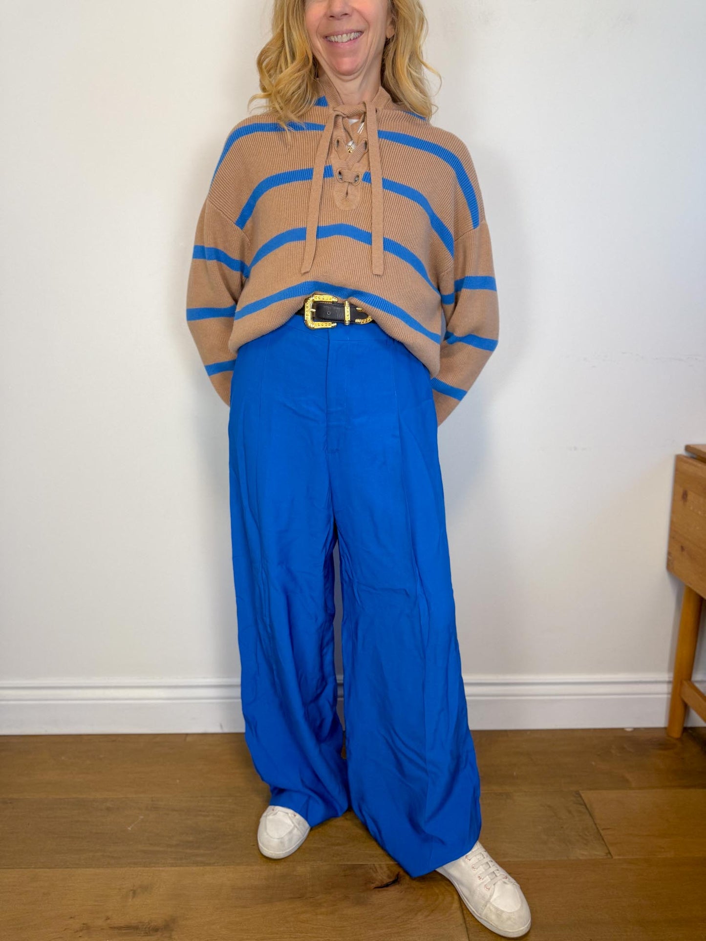 SYMTHE Designer Pleated Wide Leg Trousers in Aegean Blue (Size S/M)