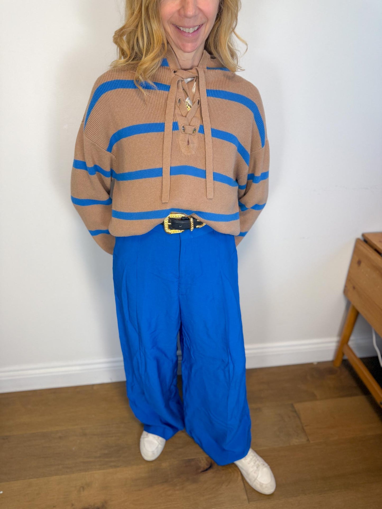SYMTHE Designer Pleated Wide Leg Trousers in Aegean Blue (Size S/M)