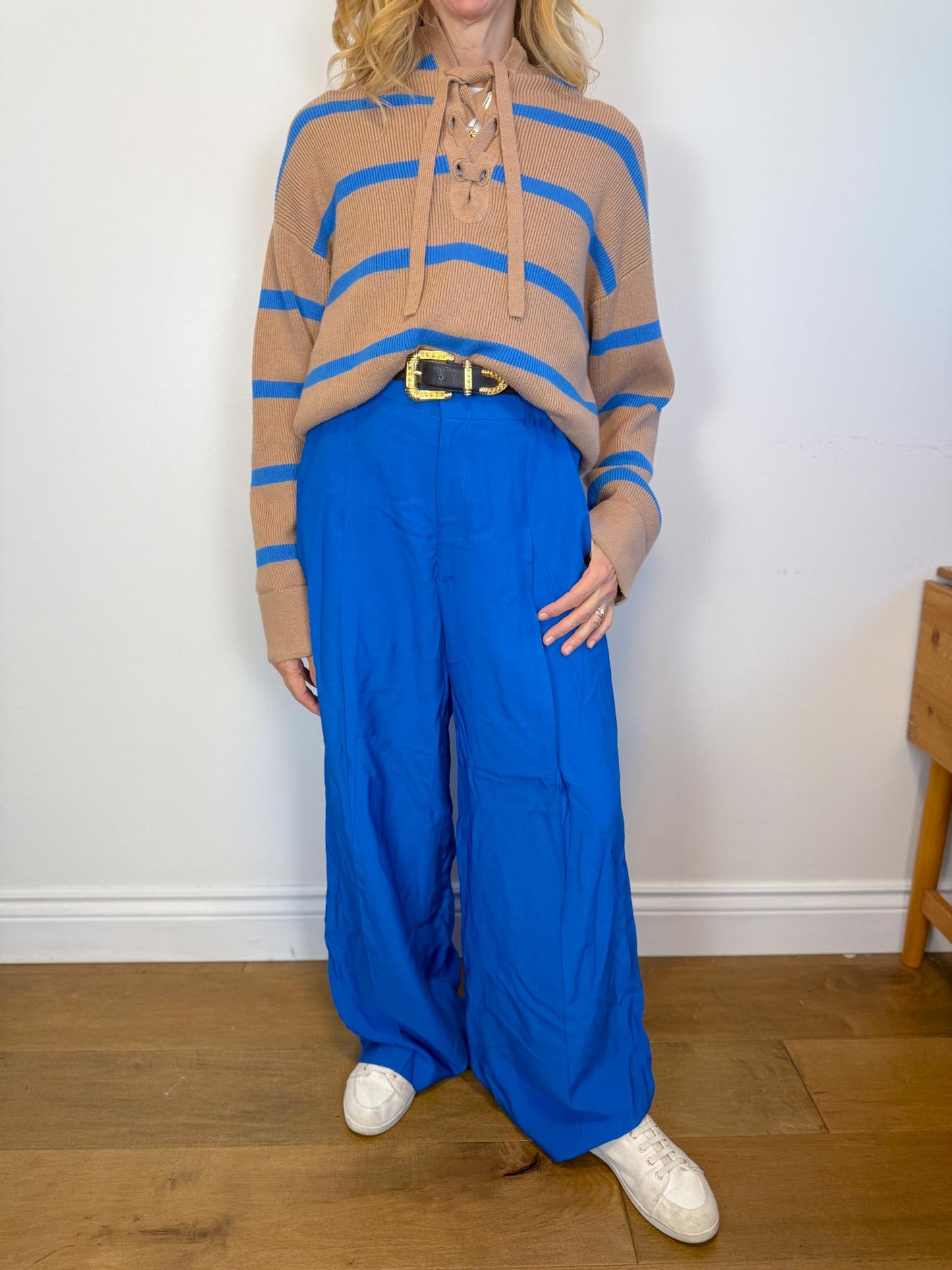 SYMTHE Designer Pleated Wide Leg Trousers in Aegean Blue (Size S/M)