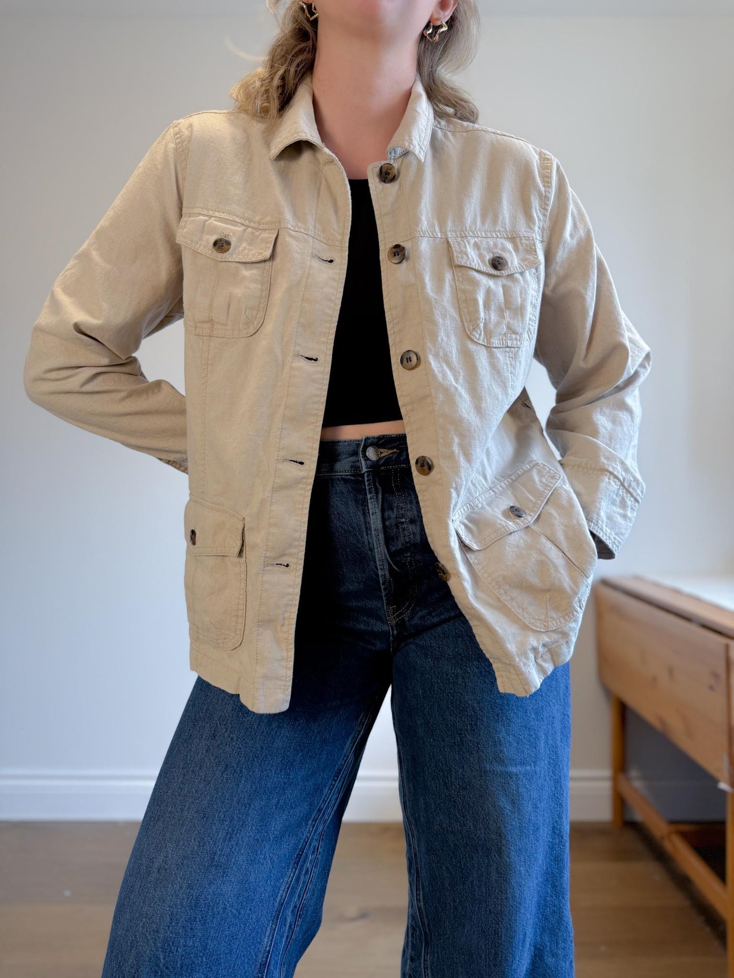 Vintage Linen Shacket in Oatmeal (Size XL)