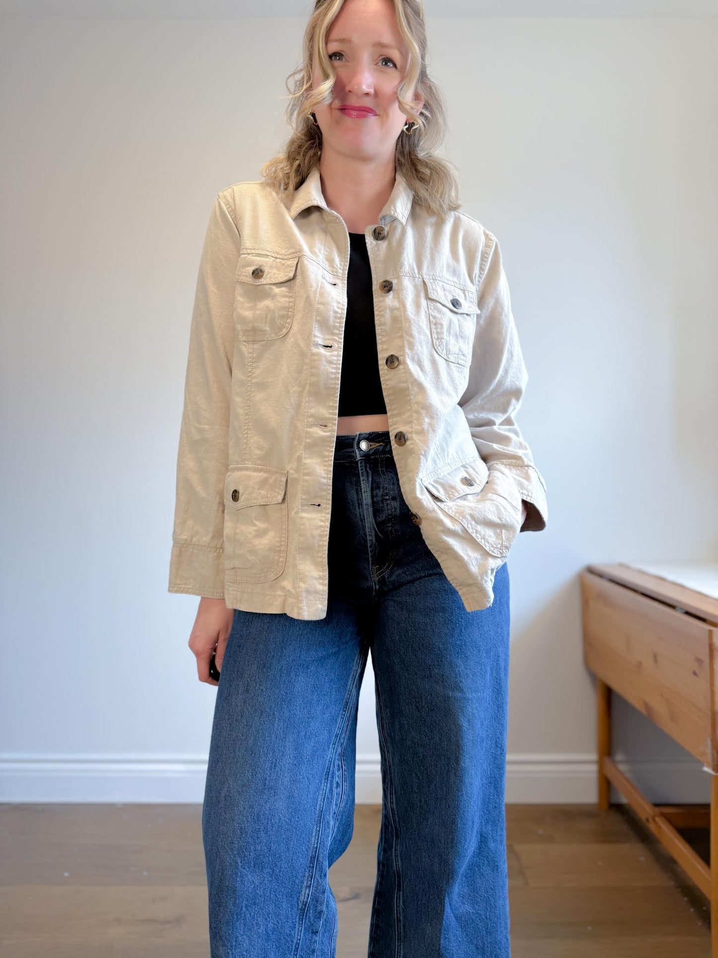 Vintage Linen Shacket in Oatmeal (Size XL)