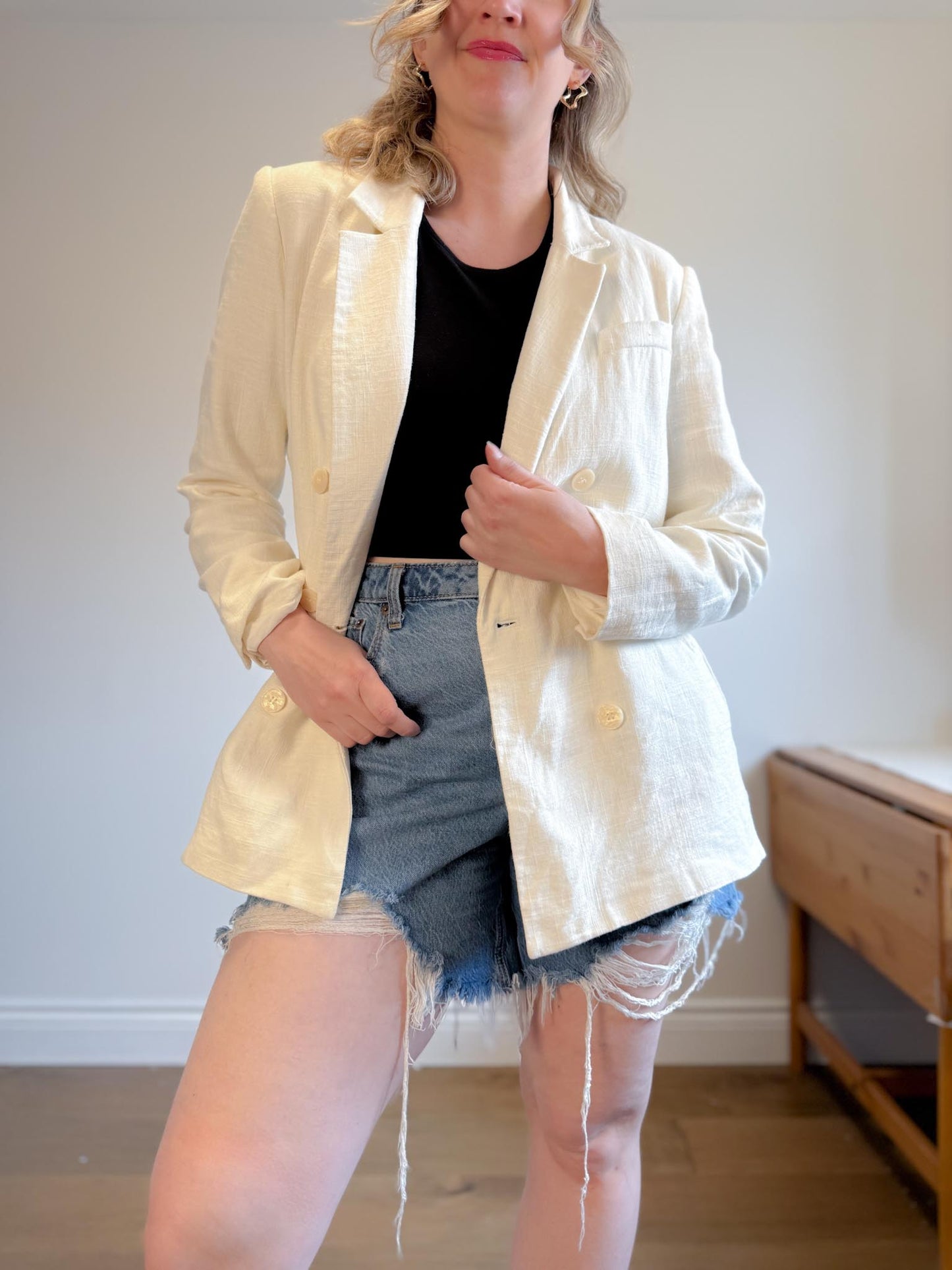 House of Harlow Cream Linen-Blend Blazer with Belt (Size L)