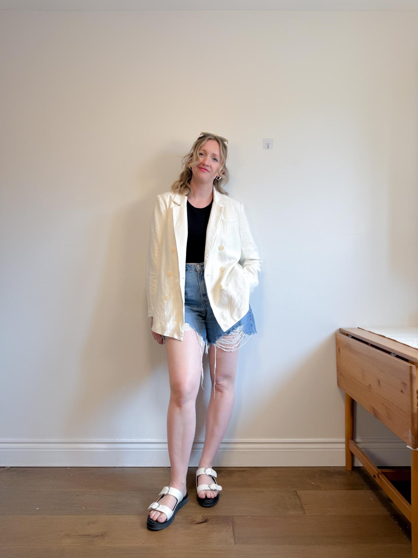 House of Harlow Cream Linen-Blend Blazer with Belt (Size L)