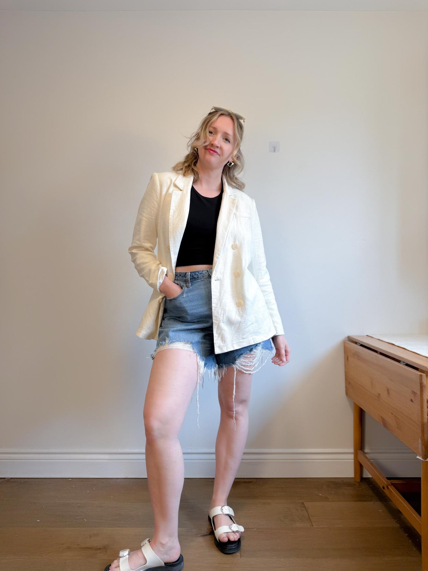House of Harlow Cream Linen-Blend Blazer with Belt (Size L)