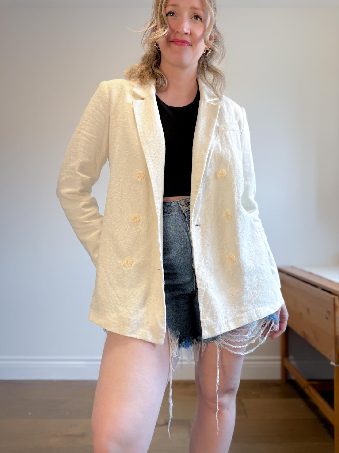 House of Harlow Cream Linen-Blend Blazer with Belt (Size L)