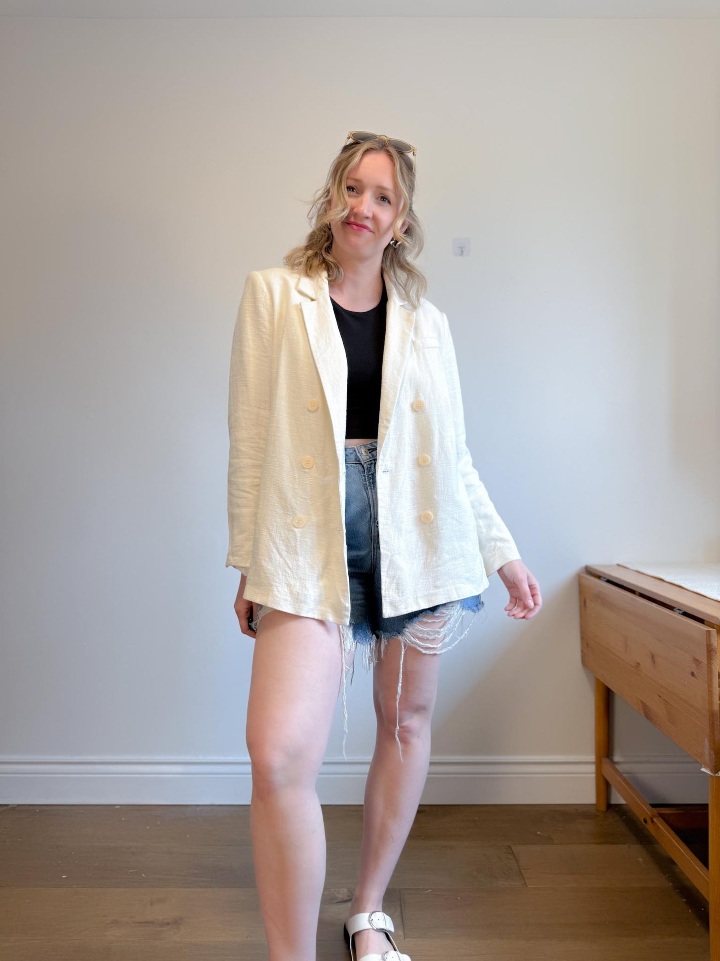 House of Harlow Cream Linen-Blend Blazer with Belt (Size L)